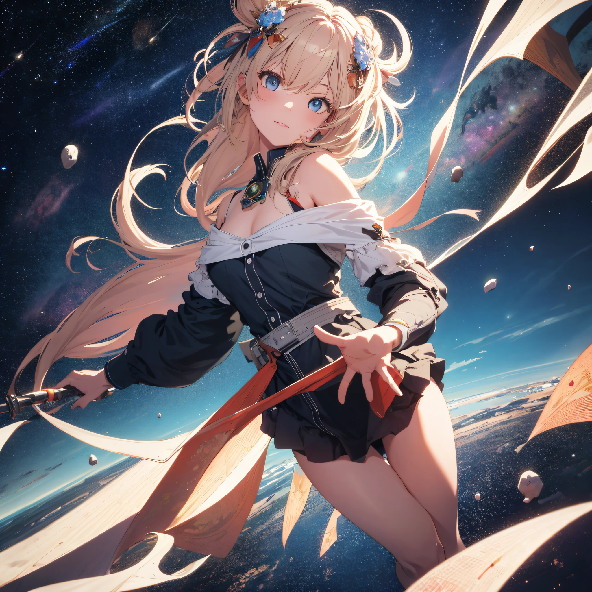 absurd res, high res, (masterpiece:1.4), ultra-detailed, 1girl, from above, space, floating