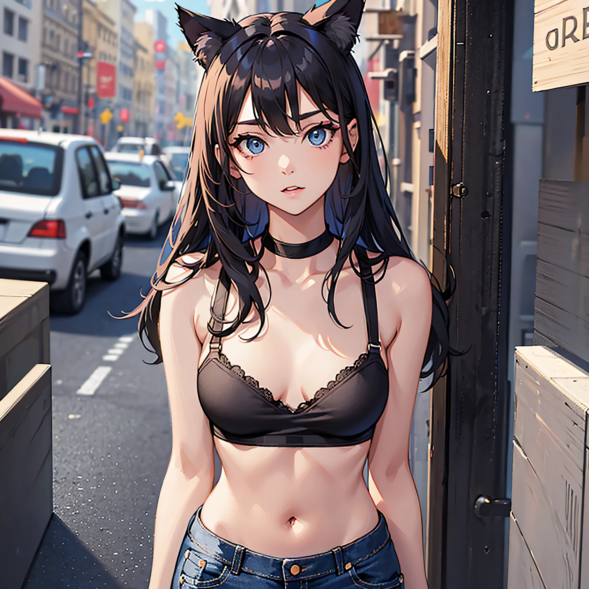 Cat-eared girl taking photo in black bra and tight denim, arms behind back, full body, cropped t-shirt, bra, slim figure, small bust, slim girl model, 24 year old female model,