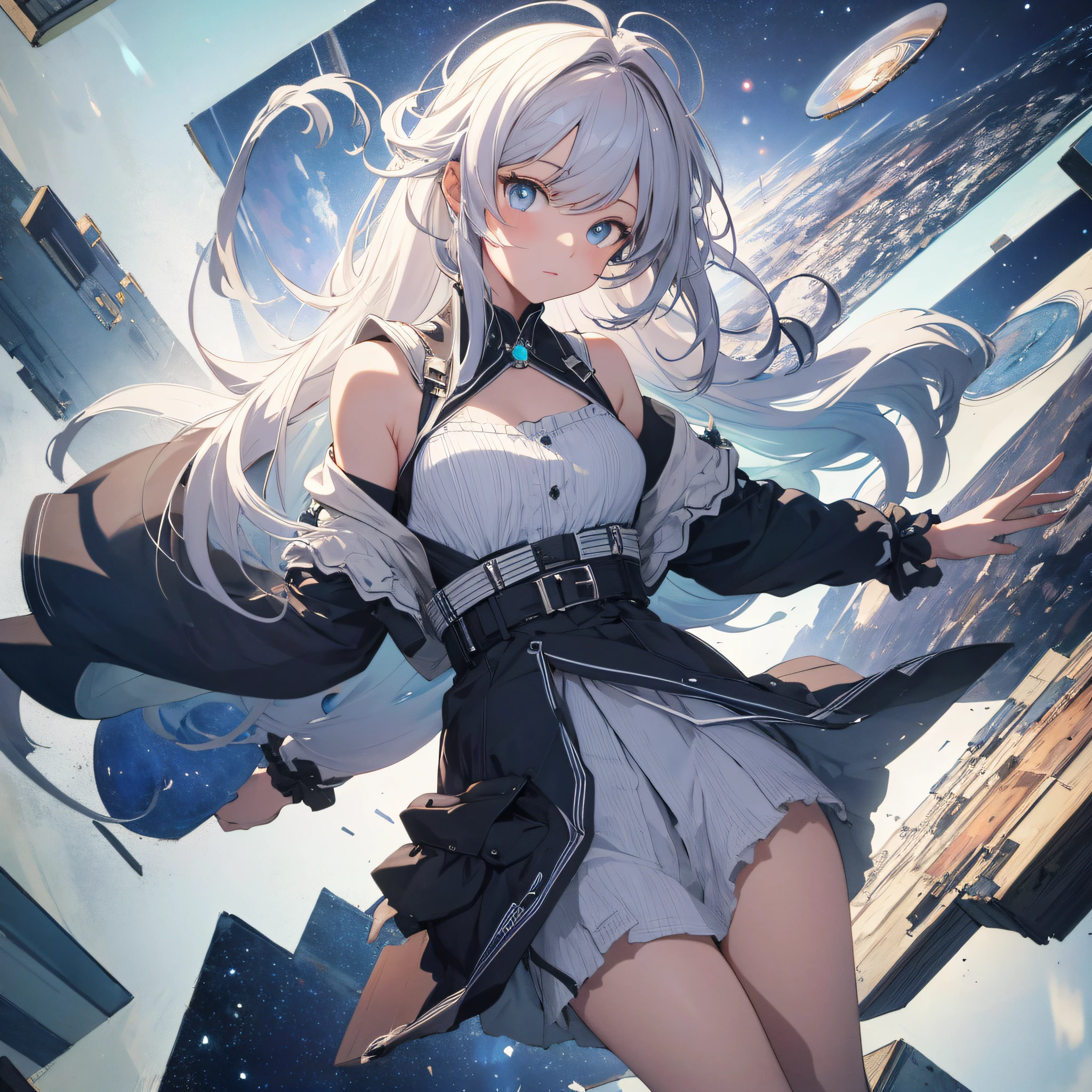 absurd res, high res, (masterpiece:1.4), ultra-detailed, 1girl, from above, space, floating