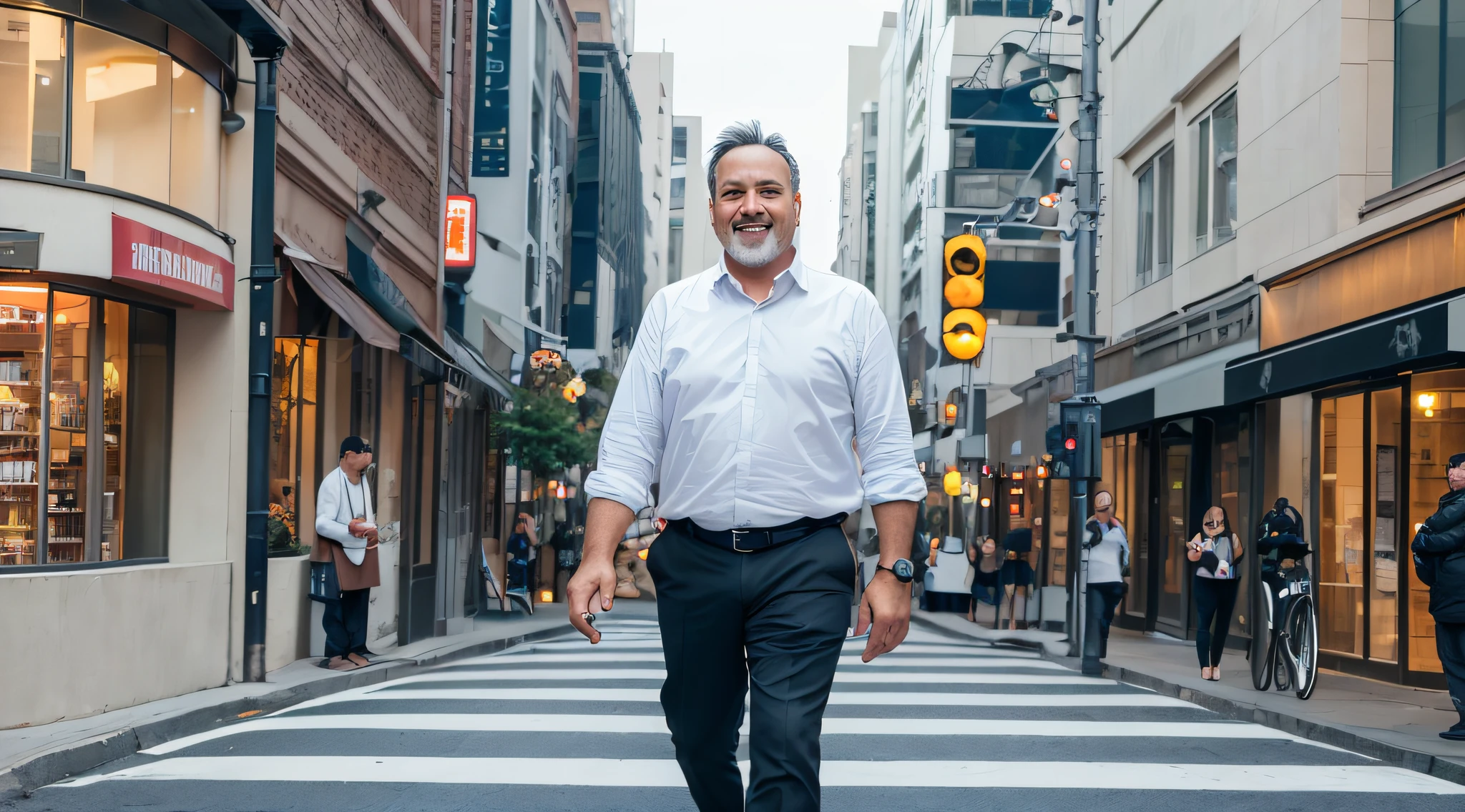A middle-aged man is walking out of the therapy building, his shoulders up and a smile on his face.
He's walking down the sidewalk of a busy street, with people passing by around him.
The city is vibrant, full of tall buildings, shops and colorful lights.
The protagonist conveys a sense of confidence and determination in his gaze.