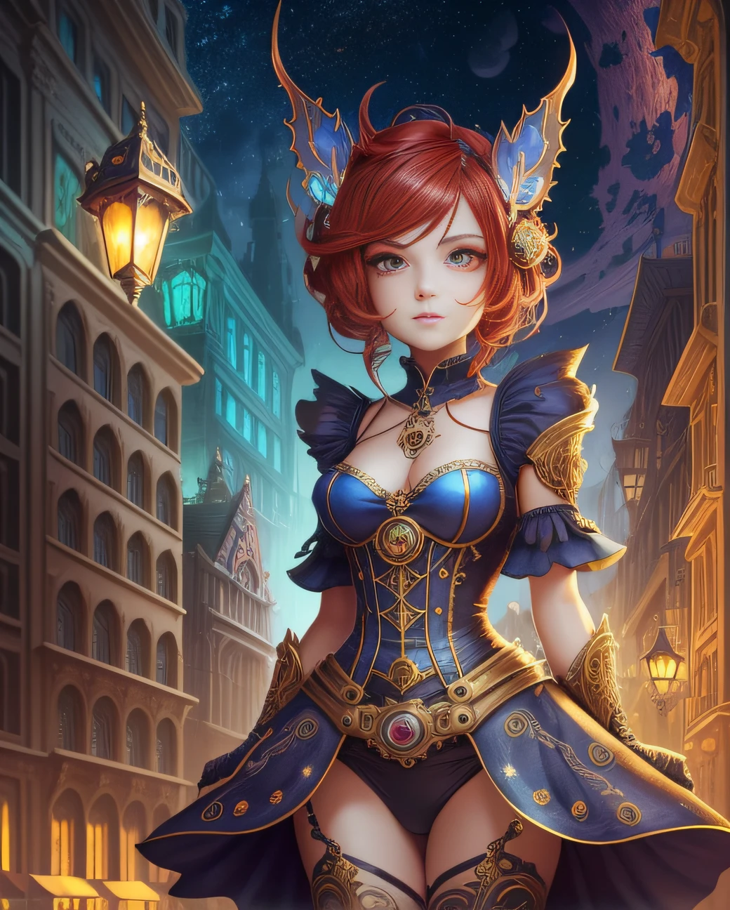 luminism, surrealism cinematic, ultra highly detailed, a close up steampunk gremlin demonic lady on the steampunk city street, red complex hair, big golden glowing eyes, glowing celestial aura, by WLOP greg rutkowski, craola, steam, detailed sky with stars, blue ice moon, cute flying ghosts, otherworldly, wonderland, mystical, creepy, scary, fantasy, complex background, dynamic lighting, lights, digital painting, intricated pose, highly detailed, cute, filigree, intricated --auto --s2