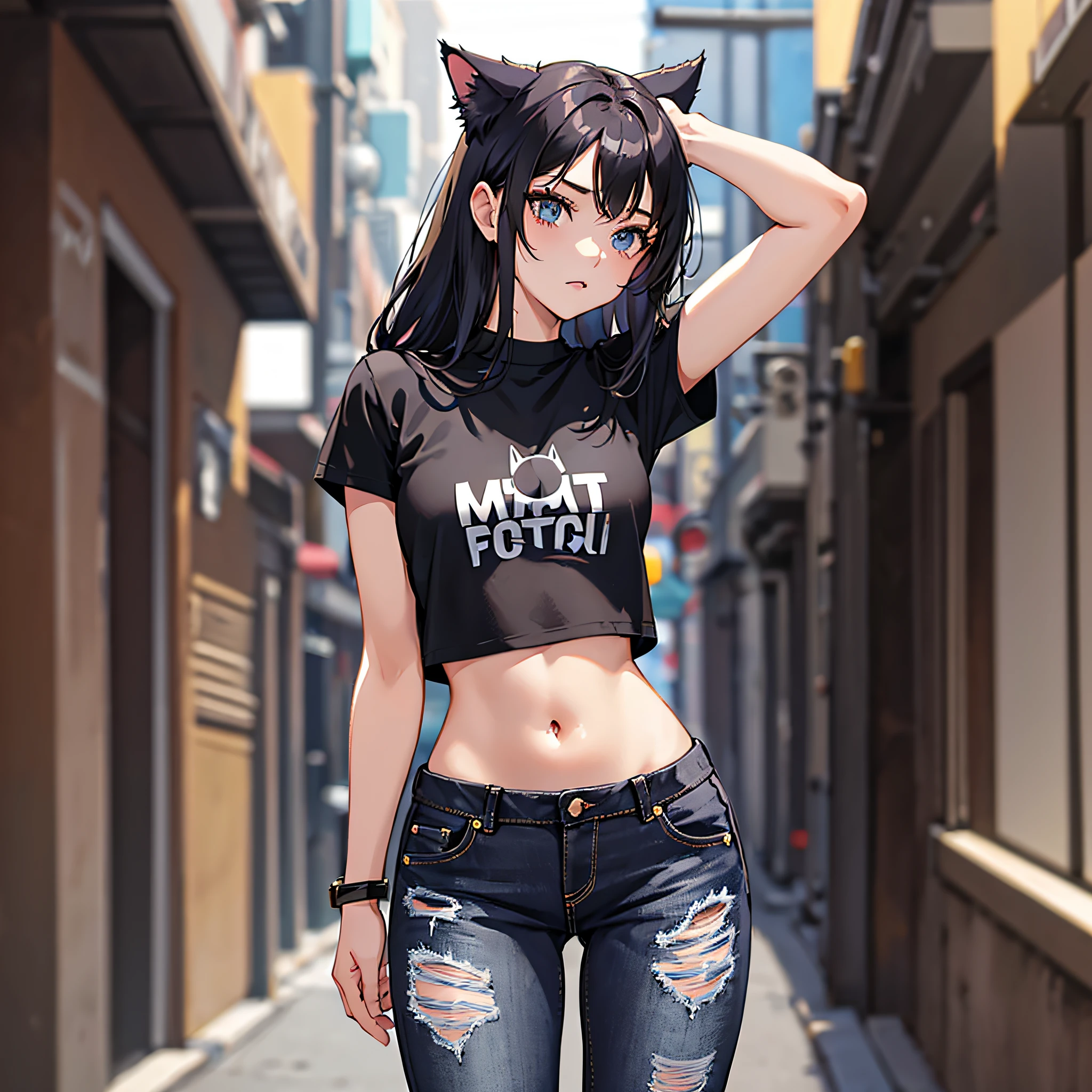 Cat-eared girl taking photo in black bra and tight denim, arms behind back, full body, cropped t-shirt, bra, slim figure, small bust, slim girl model, 24 year old female model,