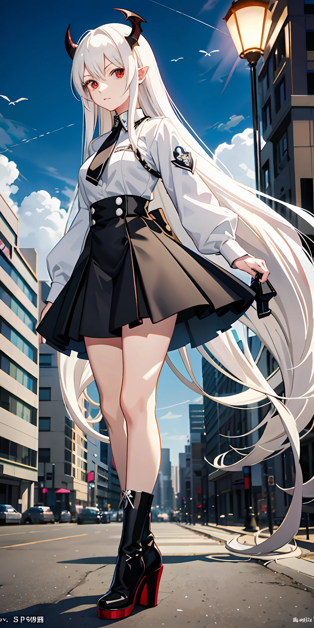 Anime characters wearing uniforms and caps, demon anime girls, vampire girls, anime moe art style, detailed anime character art, white long hair, white shirt, black silk, high heeled boots, black short skirt ,city ,giantess
