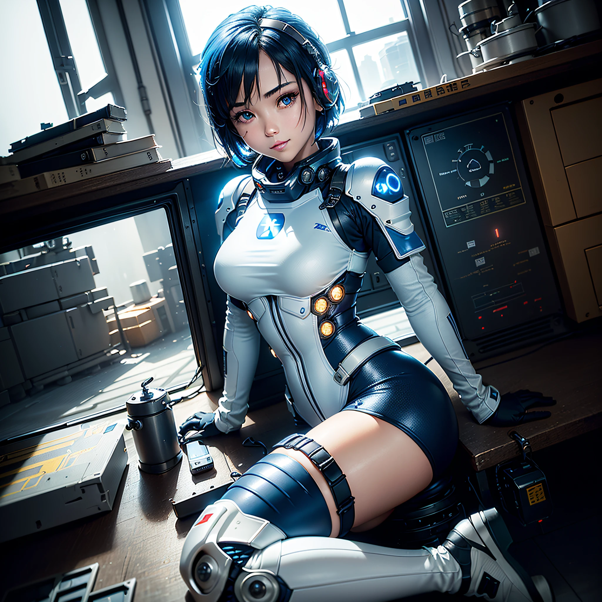 (Masterpiece, Best Quality, Best Resolution, Very Elaborate CG, Cinematic Lighting, Ray Tracing, Drop Shadows, Detail Detail, (Photorealistic), High Quality Textures, Realistic Look, Very Detailed, Sharp, High Quality, Leading Edge, Beautiful Rendering, Dramatic Pose, Detailed Shading): (Solo, Girl Alone, Japan face, short blue hair, cute girl face, short, small size breasts, sparkly blue eyes, eye level shots, pilot suit in white and blue color, tight-fitting clothes, clothes covering the whole body, light grin smile, beautiful, slim body, exoskeleton, heroine, headset, long boots, gloves, airplane control panel, tools, radar display, Touch panel, various indicators, levers, computer keyboard, mouse, warning light, fuel gauge, pressure gauge, base outside the window, control stick, thick manual, wireless communication device)