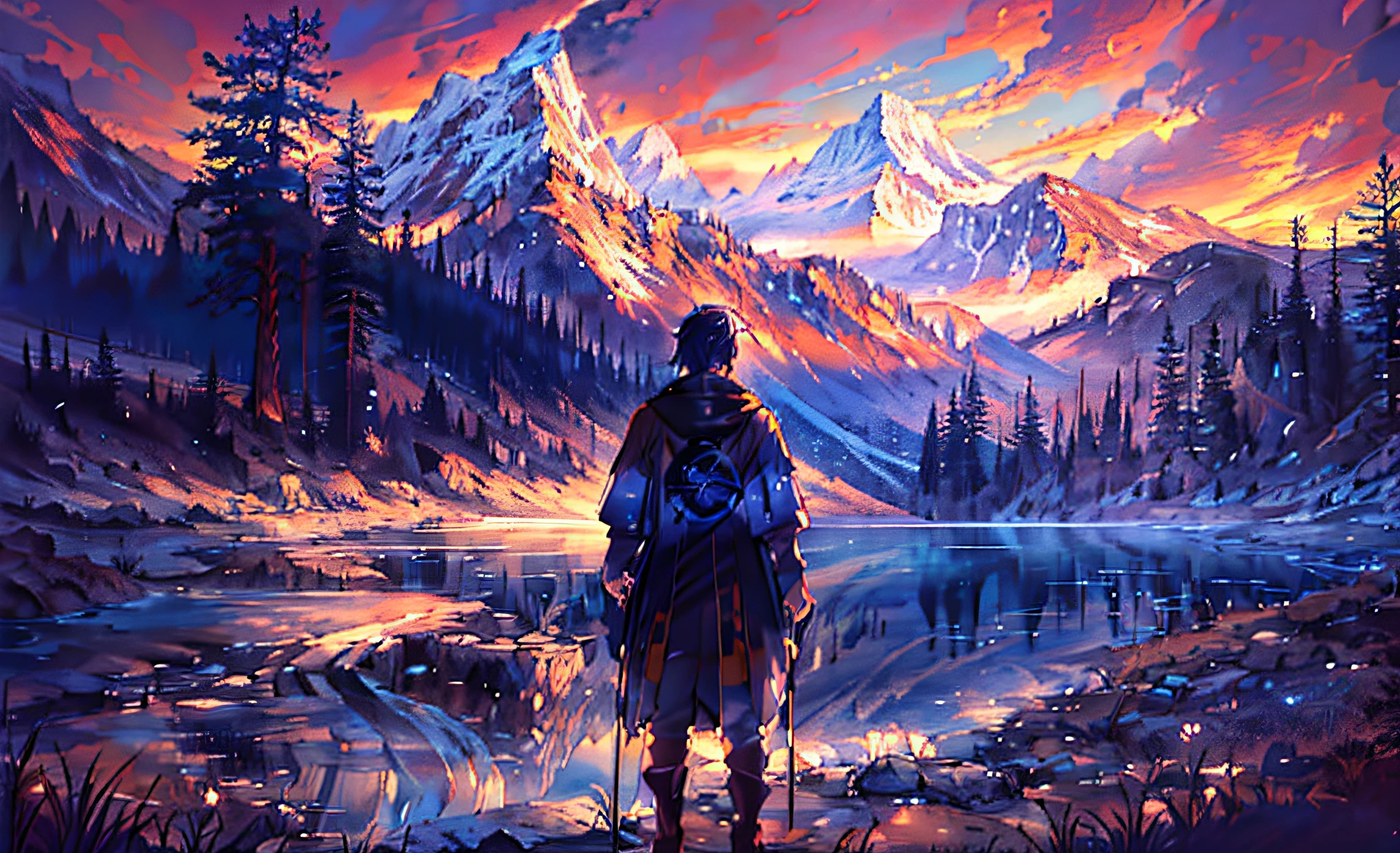 there is a man standing in front of a mountain with a lake, makoto shinkai cyril rolando, inspired by Andreas Rocha, andreas rocha style, 4k highly detailed digital art, anime art wallpaper 4 k, anime art wallpaper 4k, 4k detailed digital art, painted by andreas rocha, inspired by Cyril Rolando, anime art wallpaper 8 k