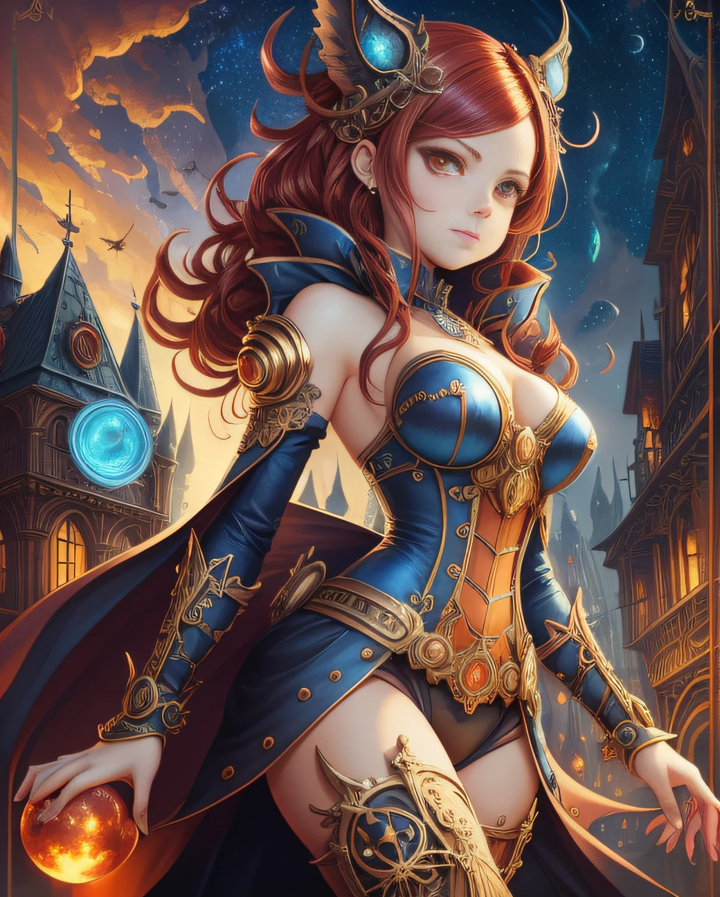 luminism, surrealism cinematic, ultra highly detailed, a close up steampunk gremlin demonic lady on the steampunk city street, red complex hair, big golden glowing eyes, glowing celestial aura, by WLOP greg rutkowski, craola, steam, detailed sky with stars, blue ice moon, cute flying ghosts, otherworldly, wonderland, mystical, creepy, scary, fantasy, complex background, dynamic lighting, lights, digital painting, intricated pose, highly detailed, cute, filigree, intricated --auto --s2