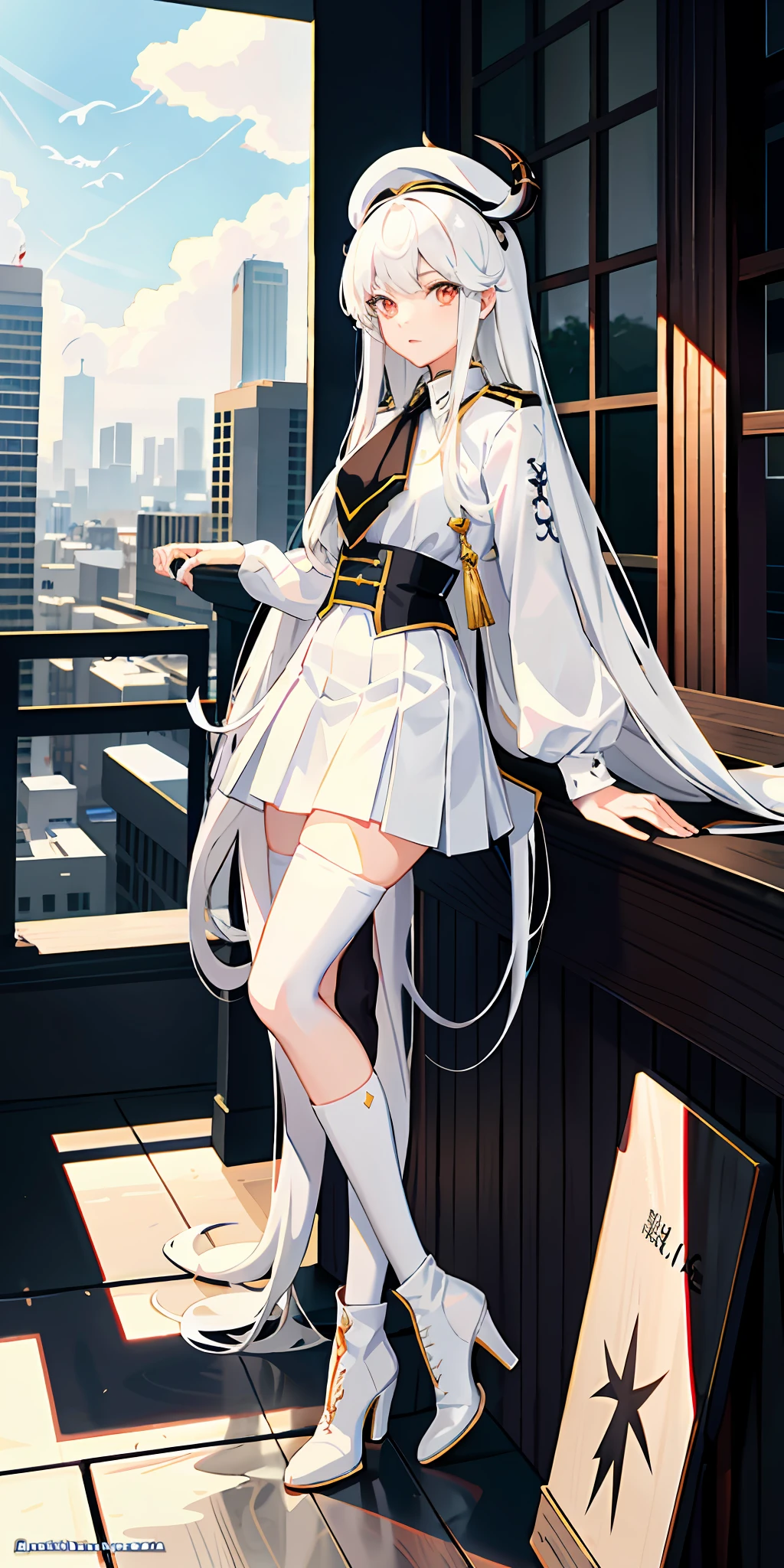 Anime characters wearing uniforms and hats, demon anime girls, dragon girls, anime moe art style, detailed anime character art, white long hair, white shirt, white silk, high heeled boots, black short skirt ,city ,giantess