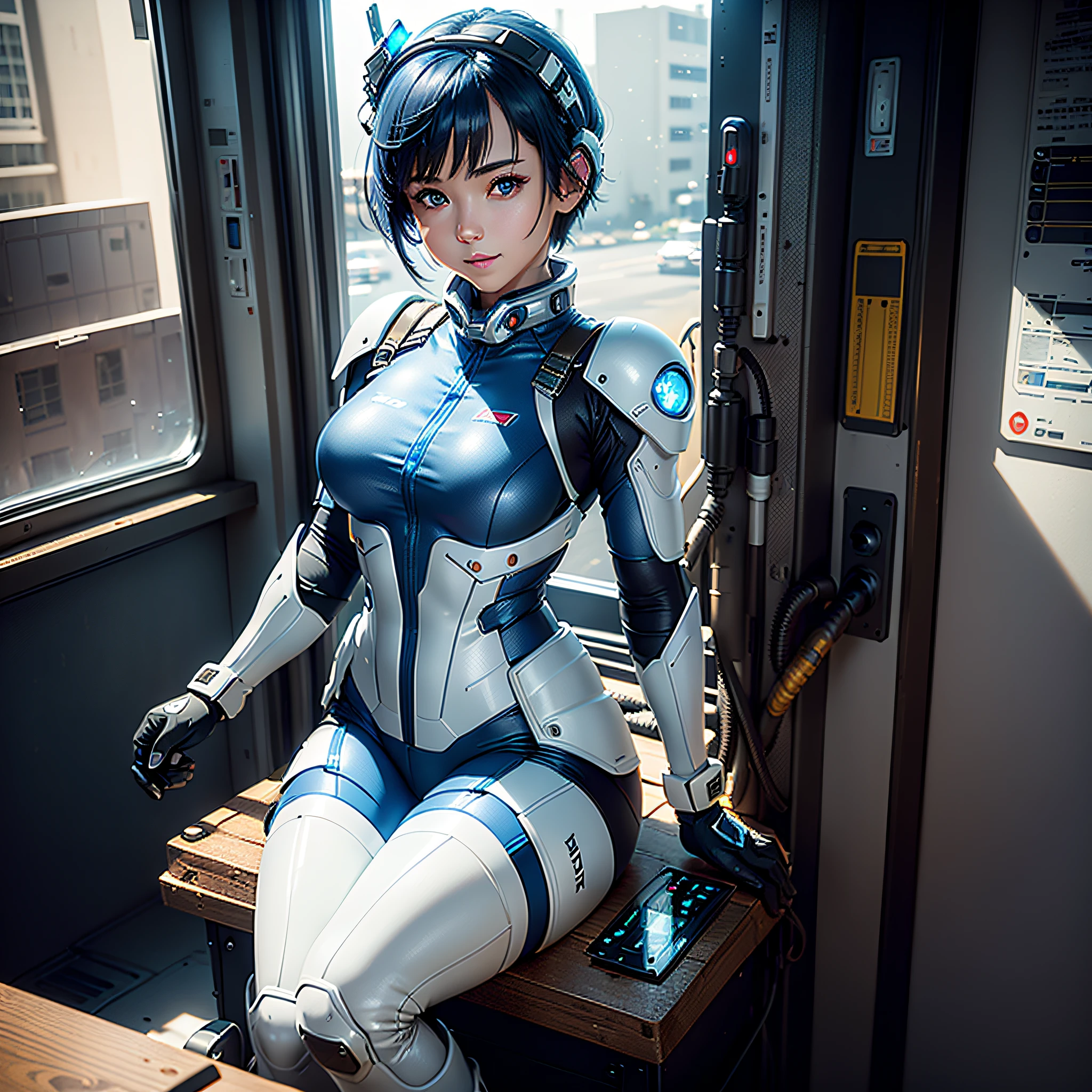 (Masterpiece, Best Quality, Best Resolution, Very Elaborate CG, Cinematic Lighting, Ray Tracing, Drop Shadows, Detail Detail, (Photorealistic), High Quality Textures, Realistic Look, Very Detailed, Sharp, High Quality, Leading Edge, Beautiful Rendering, Dramatic Pose, Detailed Shading): (Solo, Girl Alone, Japan face, short blue hair, cute girl face, short, small size breasts, sparkly blue eyes, eye level shots, pilot suit in white and blue color, tight-fitting clothes, clothes covering the whole body, light grin smile, beautiful, slim body, exoskeleton, heroine, headset, long boots, gloves, airplane control panel, tools, radar display, Touch panel, various indicators, levers, computer keyboard, mouse, warning light, fuel gauge, pressure gauge, base outside the window, control stick, thick manual, wireless communication device)