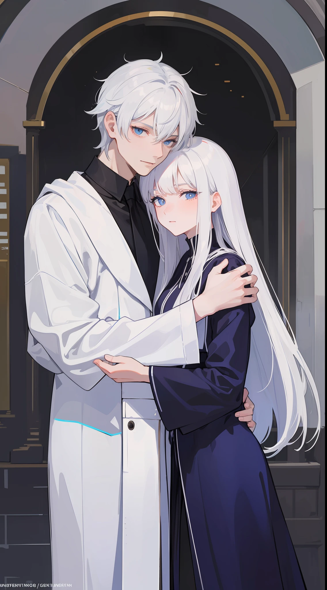 1man, sharp blue eyes with sharp pupils, white sharp hair and he was wearing black robes and, intimate hug with his lovely wife ((41 year old face))