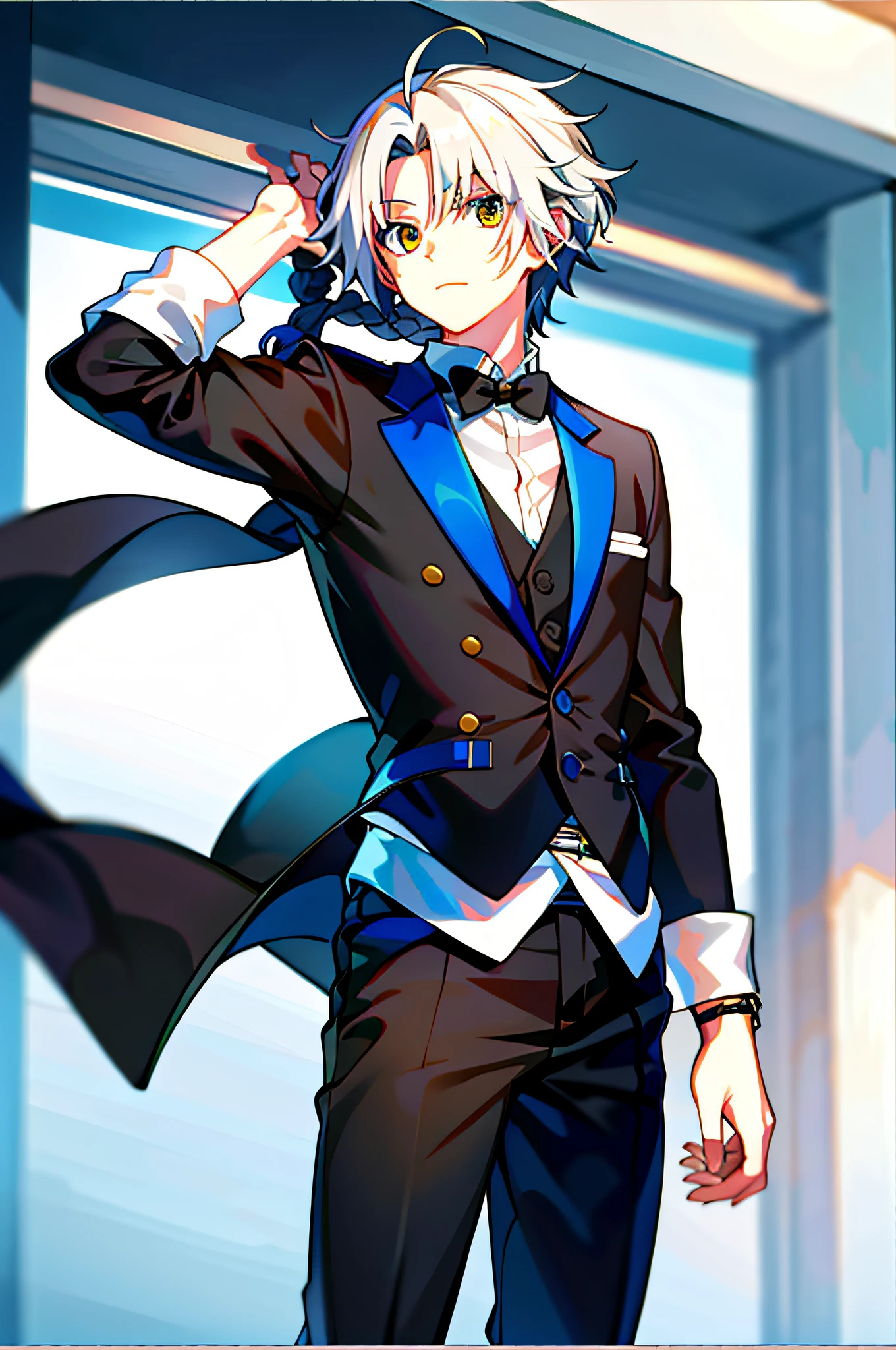 best quality, masterpiece, 1boy, solo, kamuiv1, tuxedo, short white hair, yellow eyes