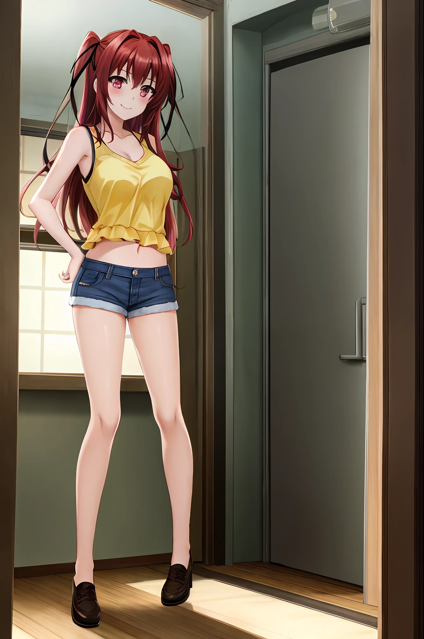 best quality, Mio_Naruse, 1girl, yellow_tank_top, denim_shorts, red_jhair, red_eyes, sexy expression, smile, seductive, femicide, girl_on_top, pov, from_below, girl on top of viewer, in room