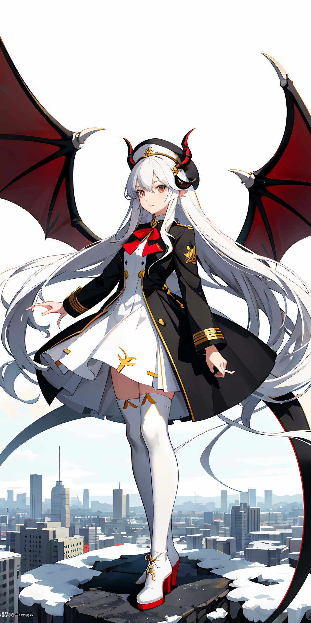 Anime characters wearing uniforms and hats, demon anime girls, dragon girls, anime moe art style, detailed anime character art, white long hair, white shirt, white silk, high heeled boots, black short skirt ,city ,giantess