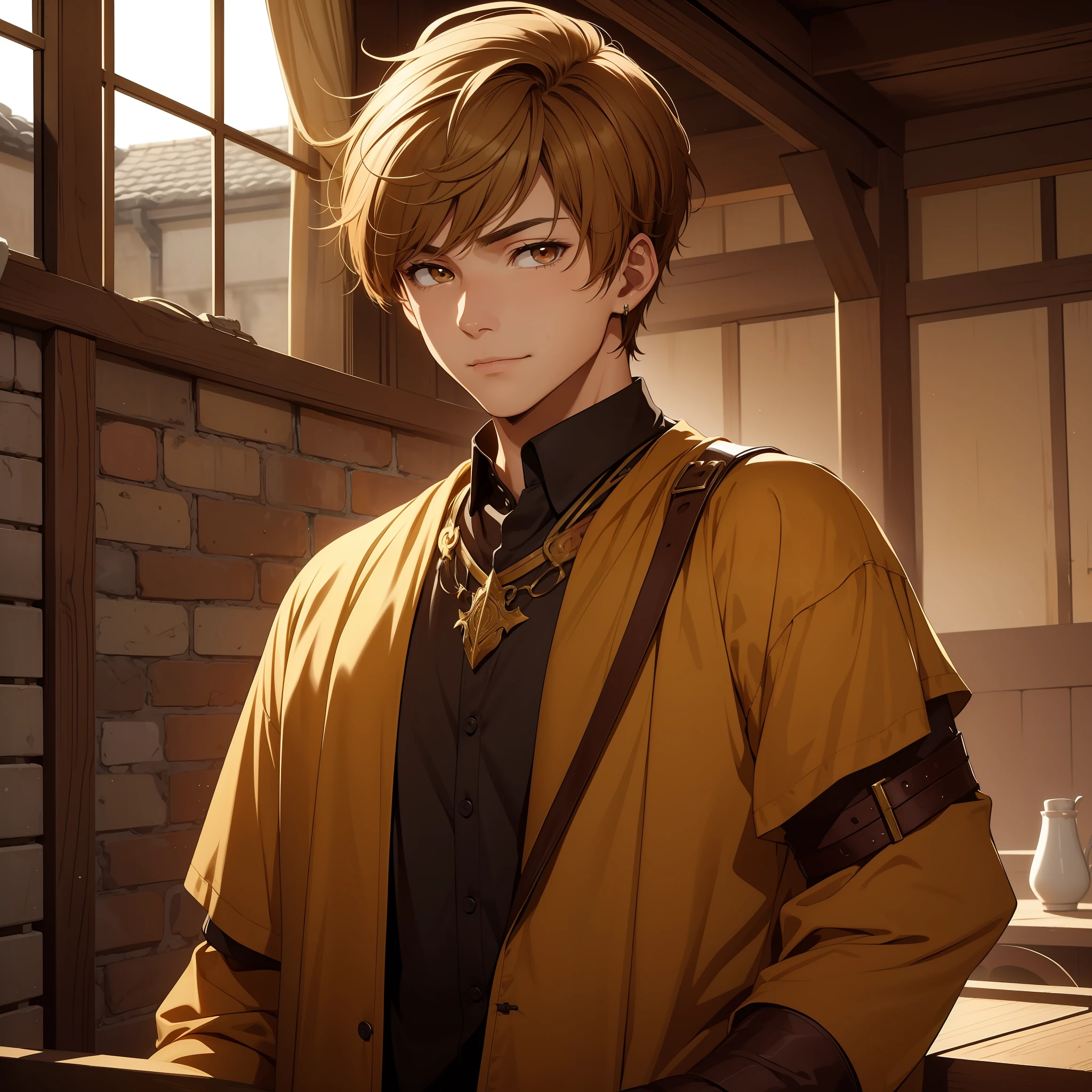 21-year-old boy, honey-colored short hair, brown eyes, clothes and common appearance medieval fantasy style, somewhat dull smile, depressive countenance