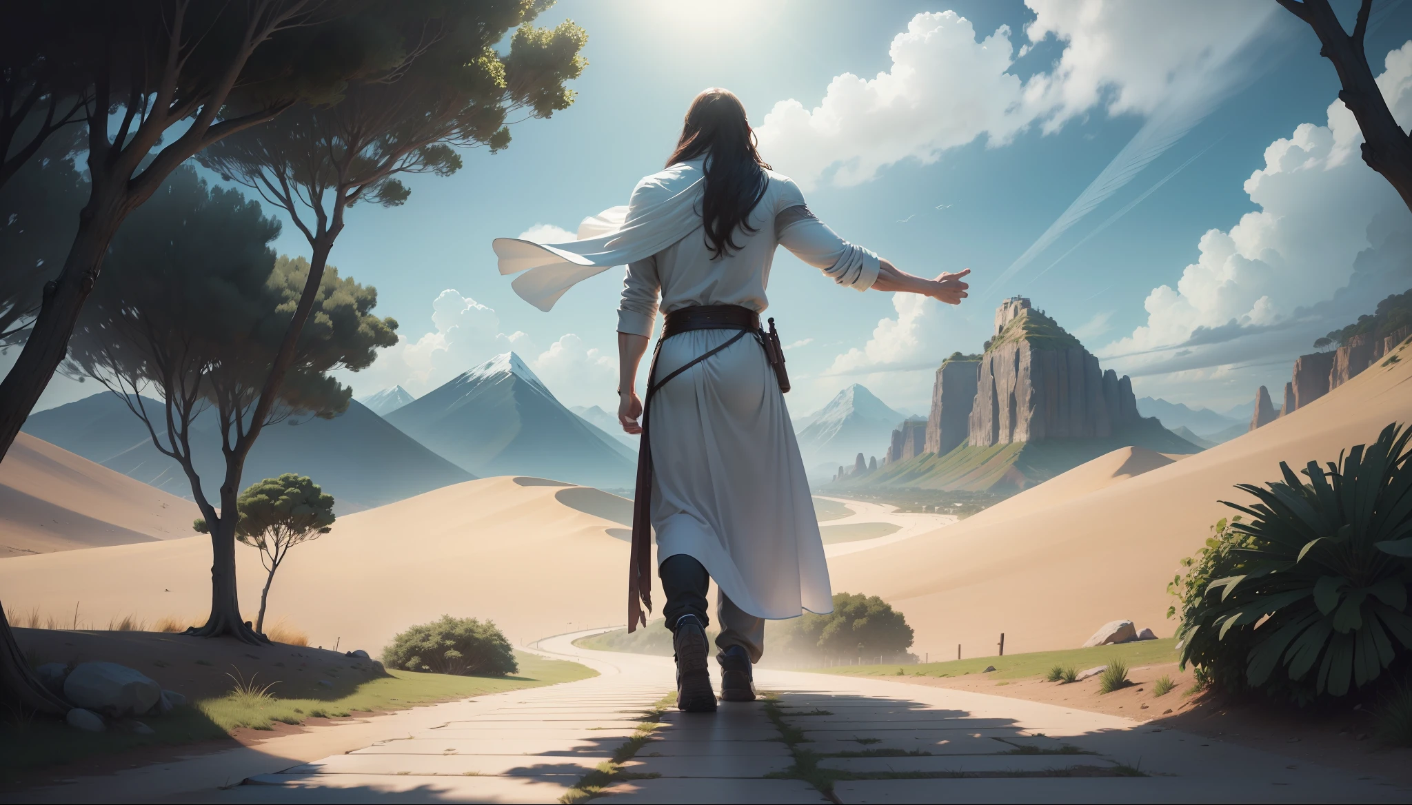 man, landscape, nature, mountains, paths, path, path to heavens, palm trees, alone, alone, straight path, natural view, divine, clouds, cloud, heavens, sky, sun, detailed sky, path to, back, manly, manly, manly, vigorous, strong, well-dressed, tunic, decent, walk, run, path, beauty path, life path, nature, beautiful place, paradise, back, walking, sky, God, Heavens, Jesus Christ, Christ Jesus, Yeshua, Messiah, Christ, heavenly, looking straight way, towards photorealism, photorealistic, ultra hd, 4k, detailed textures, futuristic colors, detailed colors,