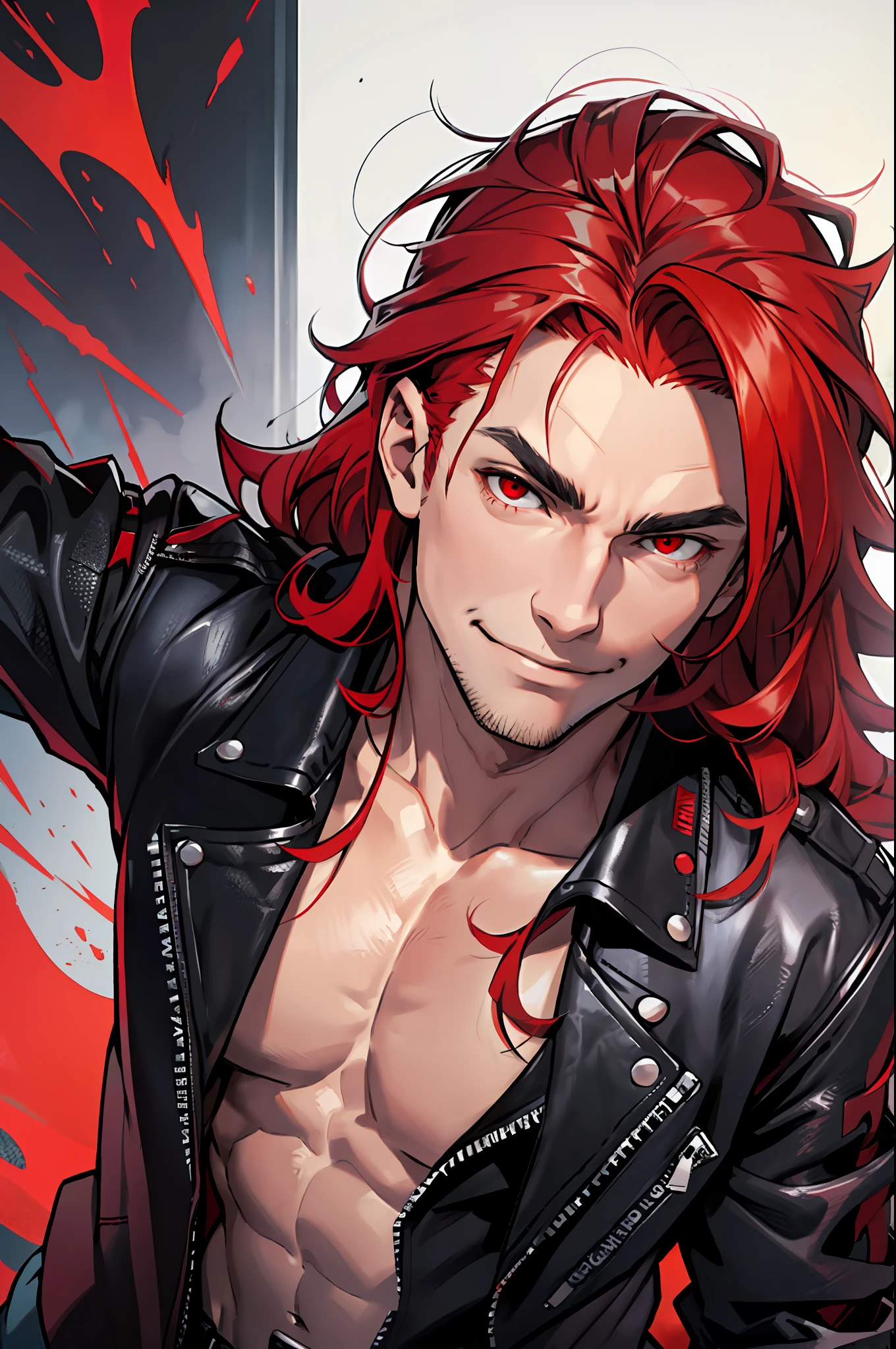 A boy with long red hair and red eyes, a evil smile, athletic body, wearing a black shirt and leather jacket