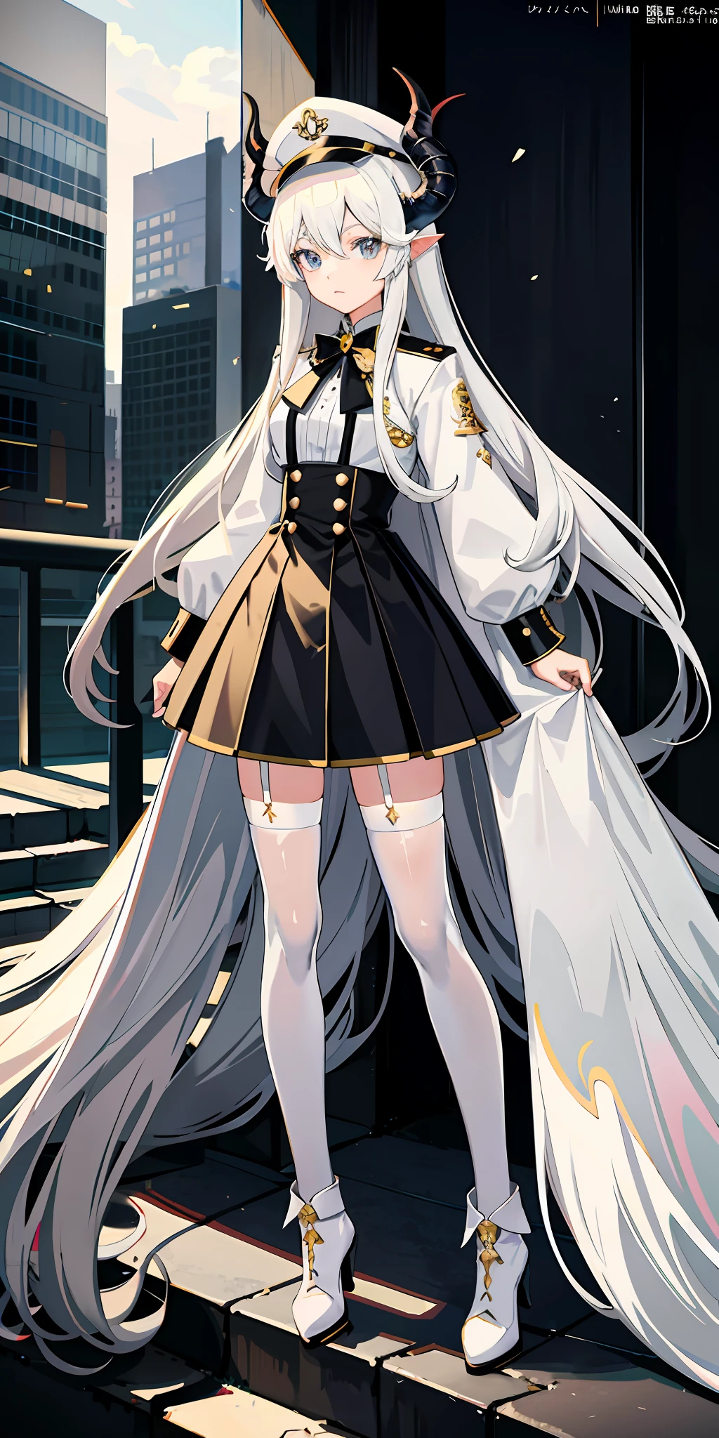 Anime characters wearing uniforms and hats, demon anime girls, dragon girls, anime moe art style, detailed anime character art, white long hair, white shirt, white silk, black coat,high heeled boots, black short skirt ,city ,giantess