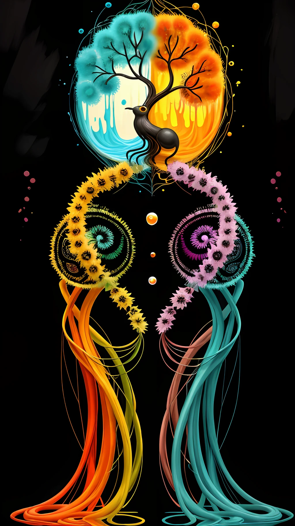 yin and yang anthill, ant, lily, insect, fern, girl, beautiful symmetrical full body photo with oil painting, with thick brushstrokes and wet paint, fibonacci, golden ratio, melted wax, visible brush strokes, surrounded by crystal ball, 3d mosaic wireframe, neurographics, neurons, tree of life, color, love, passion, oil on canvas, thick brush strokes, crazy details, 8k uhd, masterpiece, art station, surrealism