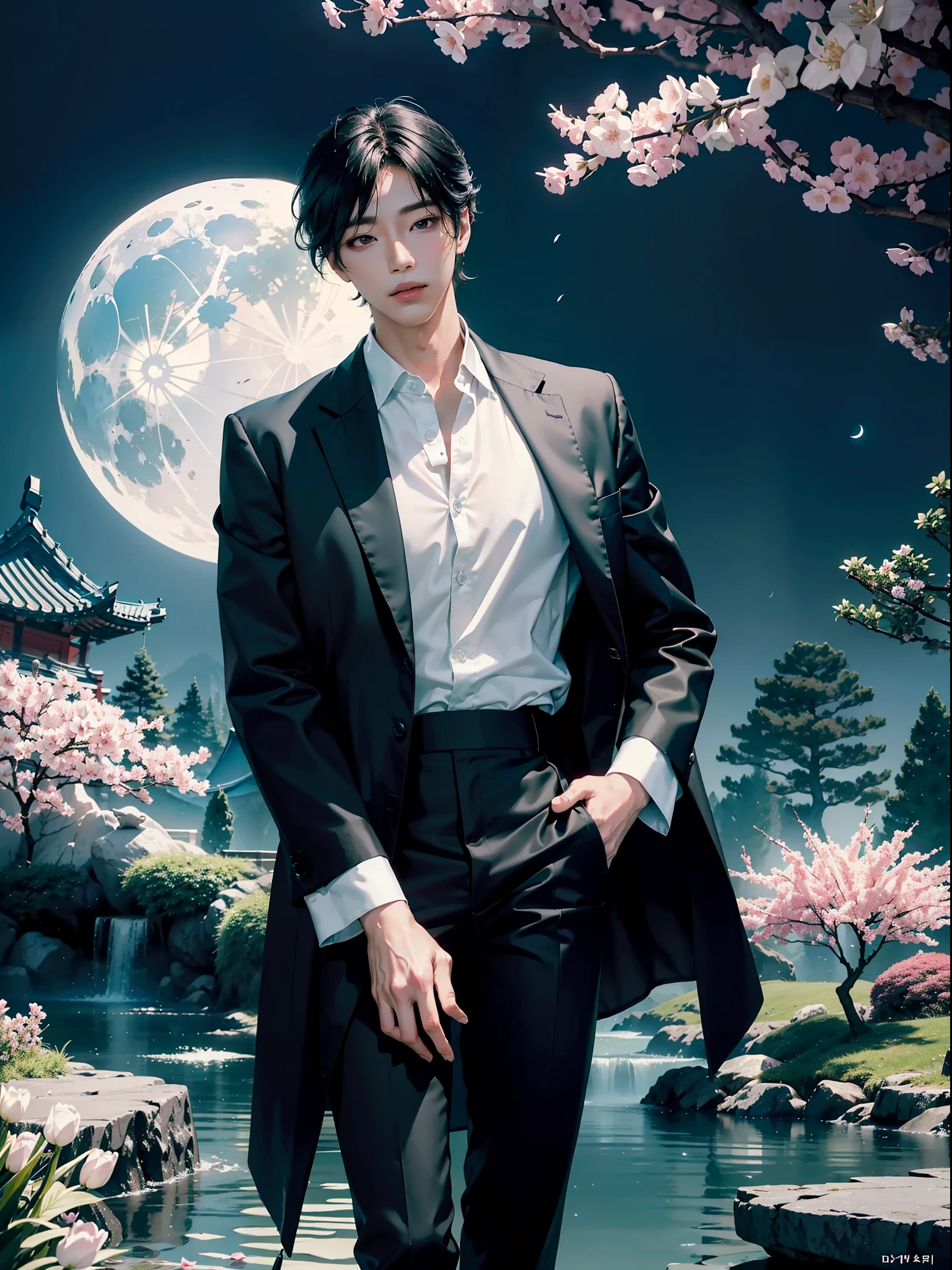 vivid illumination, enchanting elegance, atmospheric depth, masterful technique, naturalistic representations, harmonious composition, creative refinement, striking juxtapositions, 1man,solo,male, (korean idol face, sharp eyeline),(loose white shirt with black pants), moon, dark theme, Patience, garden, blossoms,