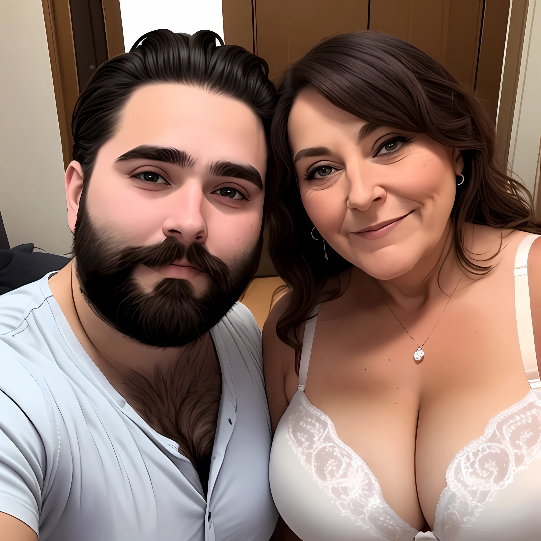 Seifie of a 24-year-old bearded man, and his 60-year-old wife, a milf dressed in panties and bra. with very similar, identical faces, they embrace each other with love. Image very close to reality.
