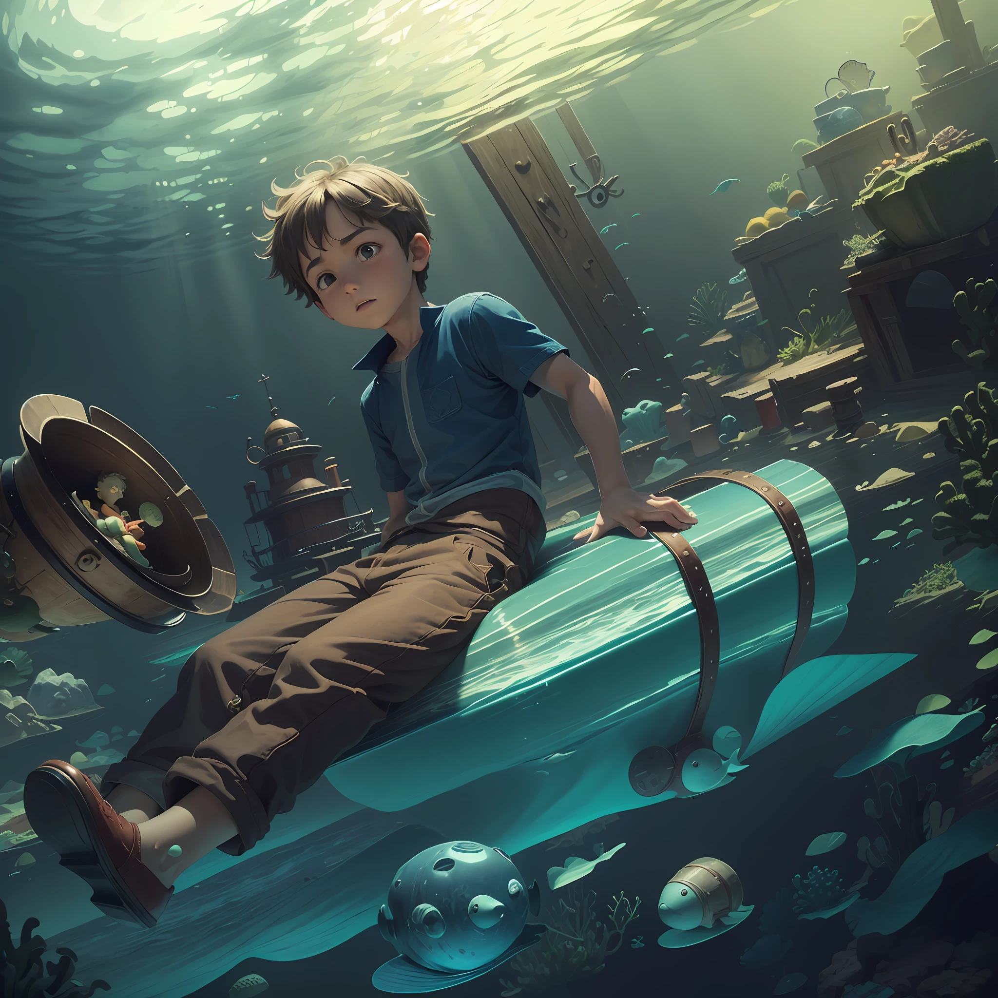 Image from a children's book (Lucas and his team find The Lost Treasure at the bottom of the sea).