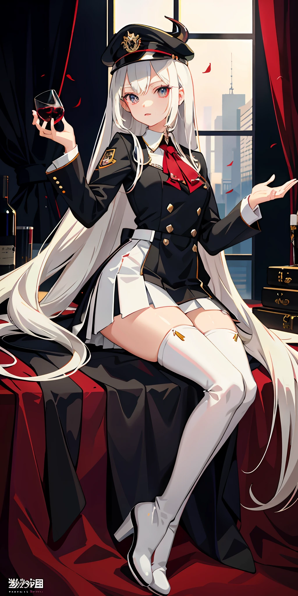 Anime characters wearing uniforms and caps, demon anime girls, vampire girls, anime moe art style, detailed anime character art, white long hair, white shirt, black silk, high heeled boots, black short skirt ,city ,giantess ,wine cups