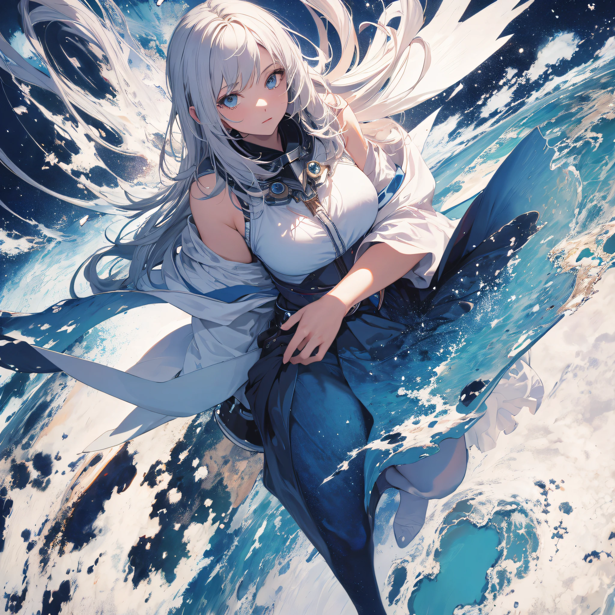 absurd res, high res, (masterpiece:1.4), ultra-detailed, 1girl, from above, space, floating