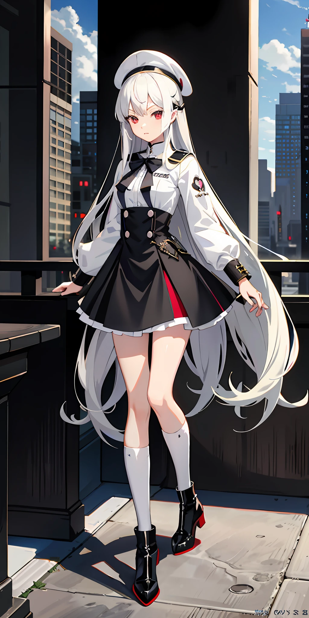 Anime characters wearing uniforms and caps, demon anime girls, vampire girls, anime moe art style, detailed anime character art, white long hair, white shirt, black silk, high heeled boots, black short skirt ,city ,giantess ,wine cups