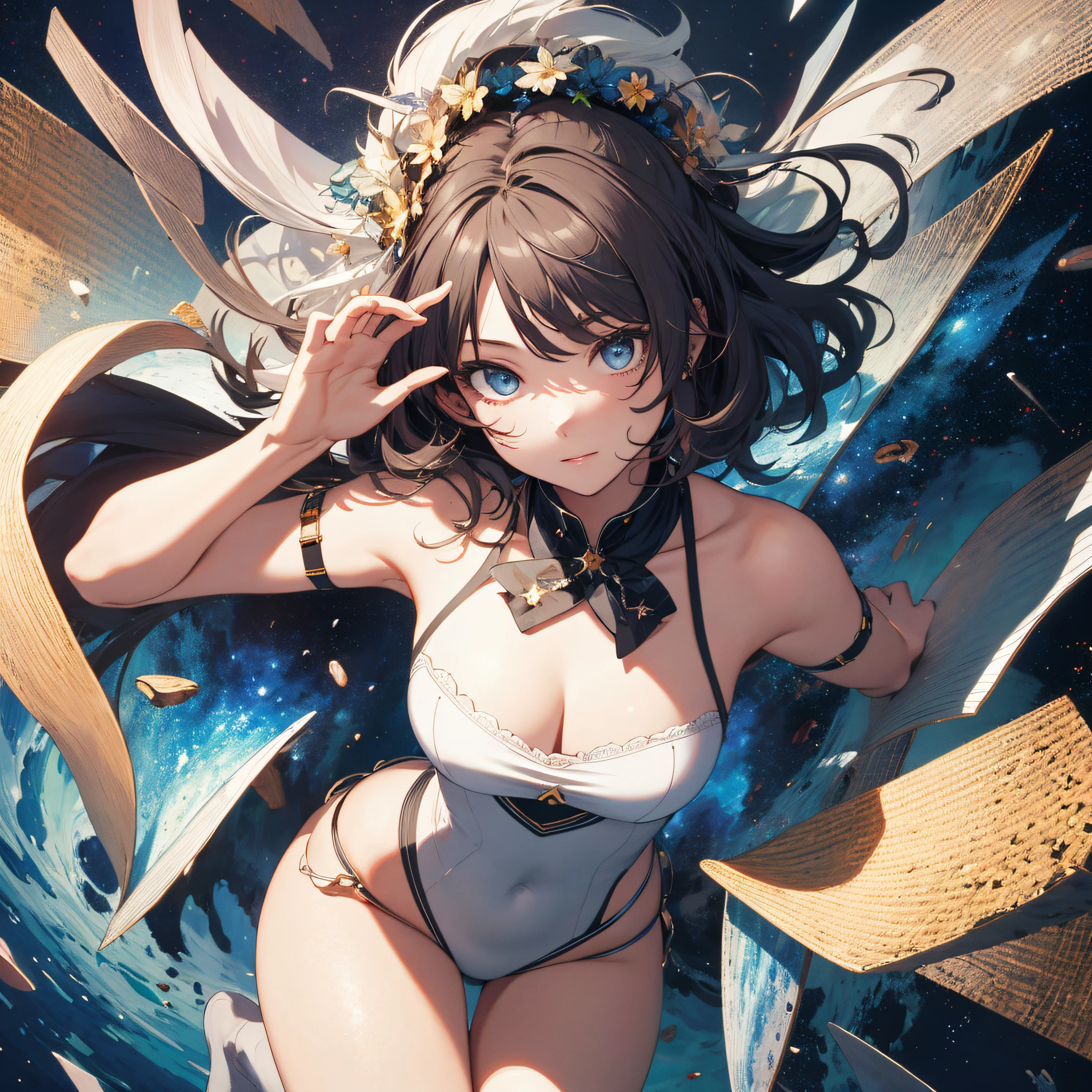 absurd res, high res, (masterpiece:1.4), ultra-detailed, 1girl, from above, space, floating