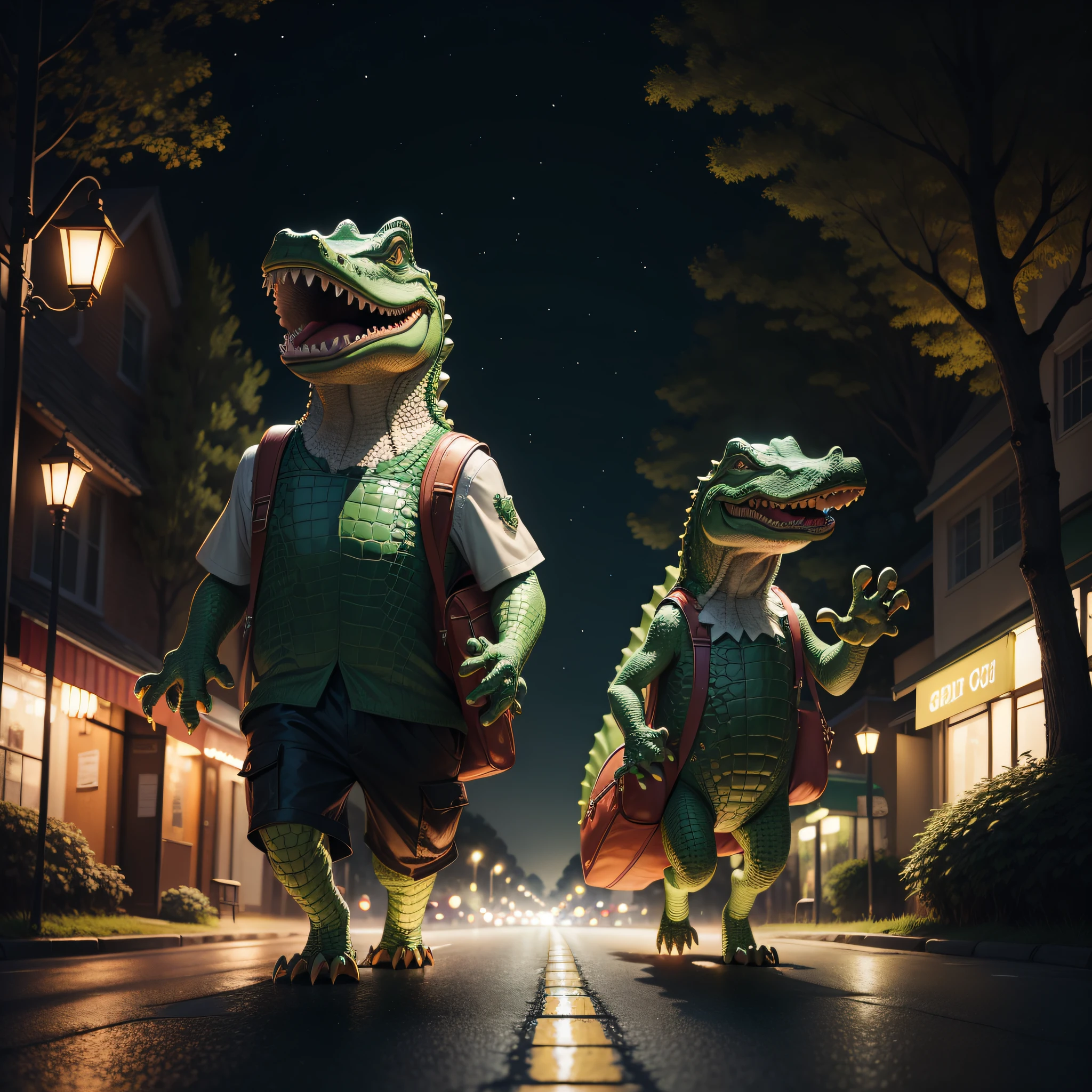 (happy alligator), with a bag on his back, walking on foot, road, trees with lights, night, illustration style