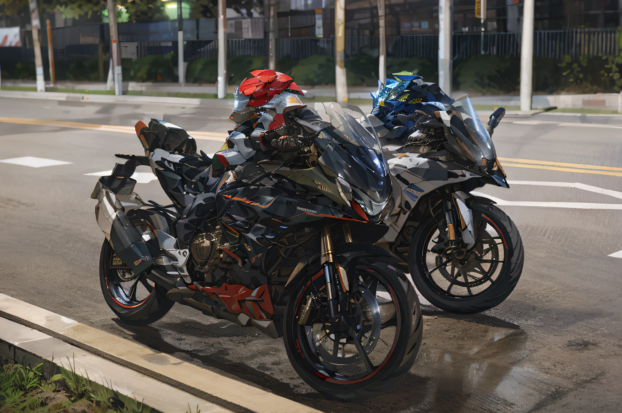 Motorcycles, mechs, night, parked on the side of the road, lights,