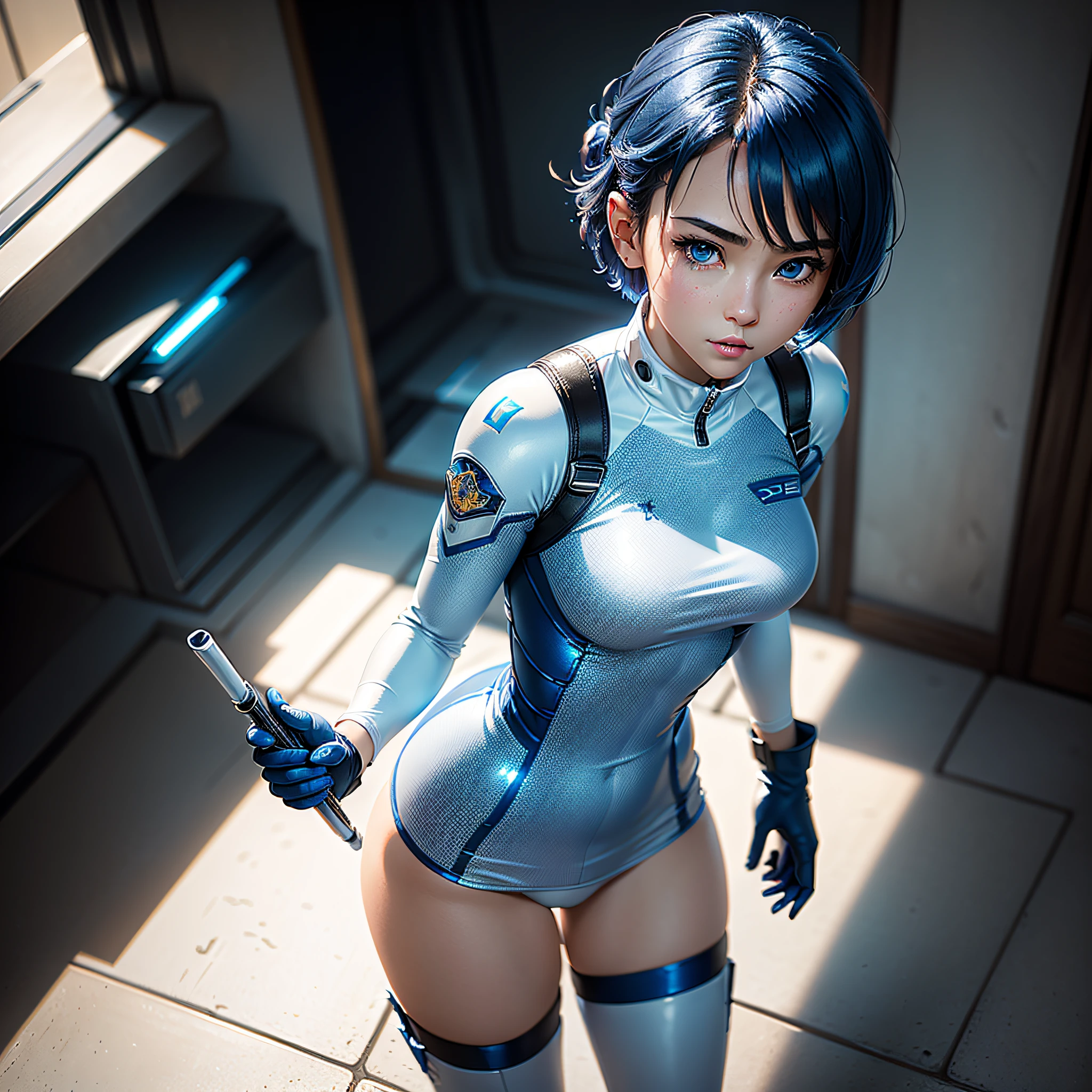 (Masterpiece, Best Quality, Best Resolution, Very Elaborate CG, Cinematic Lighting, Ray Tracing, Drop Shadows, Detail Detail, (Photorealistic), High Quality Textures, Realistic Look, Very Detailed, Sharp, High Quality, Leading Edge, Beautiful Rendering, Dramatic Pose, Detailed Shading): (Solo, Girl Alone, Japan face, short blue hair, cute girl face, short, small size breasts, sparkly blue eyes, eye level shots, pilot suit in white and blue color, tight fit clothes, clothes covering the whole body, beautiful, slim body, heroine, long boots, gloves)