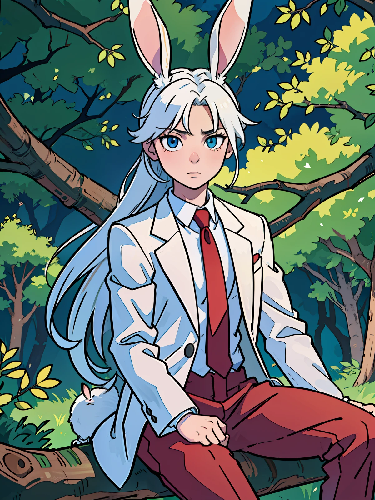 On the narrowest and shaded path in the Enchanted Forest, anime character sitting on a tree branch with rabbit ear pair, a character portrait inspired by Edward Elric, wearing white suit, with a red tie, with a pair of rabbit ears, serious expression, short fuse, sitting on a branch of a large tree,  white hair, anatomically correct, high details, super detail, ccurate, masterpiece, high details, high quality, high details, super detail, textured skin, anatomically correct, 4K, 8k, 16k, high quality, high details, super detail, textured skin, anatomically correct, masterpiece, UHD, best quality