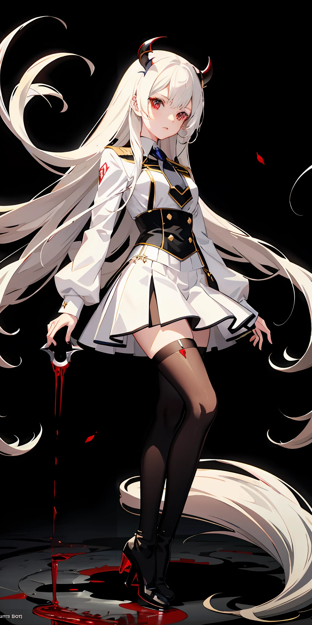 Anime characters wearing uniforms and caps, demon anime girls, vampire girls, anime moe art style, detailed anime character art, white long hair, white shirt, black silk, high heeled boots, black short skirt ,city ,giantess ,wine cups ,blood
