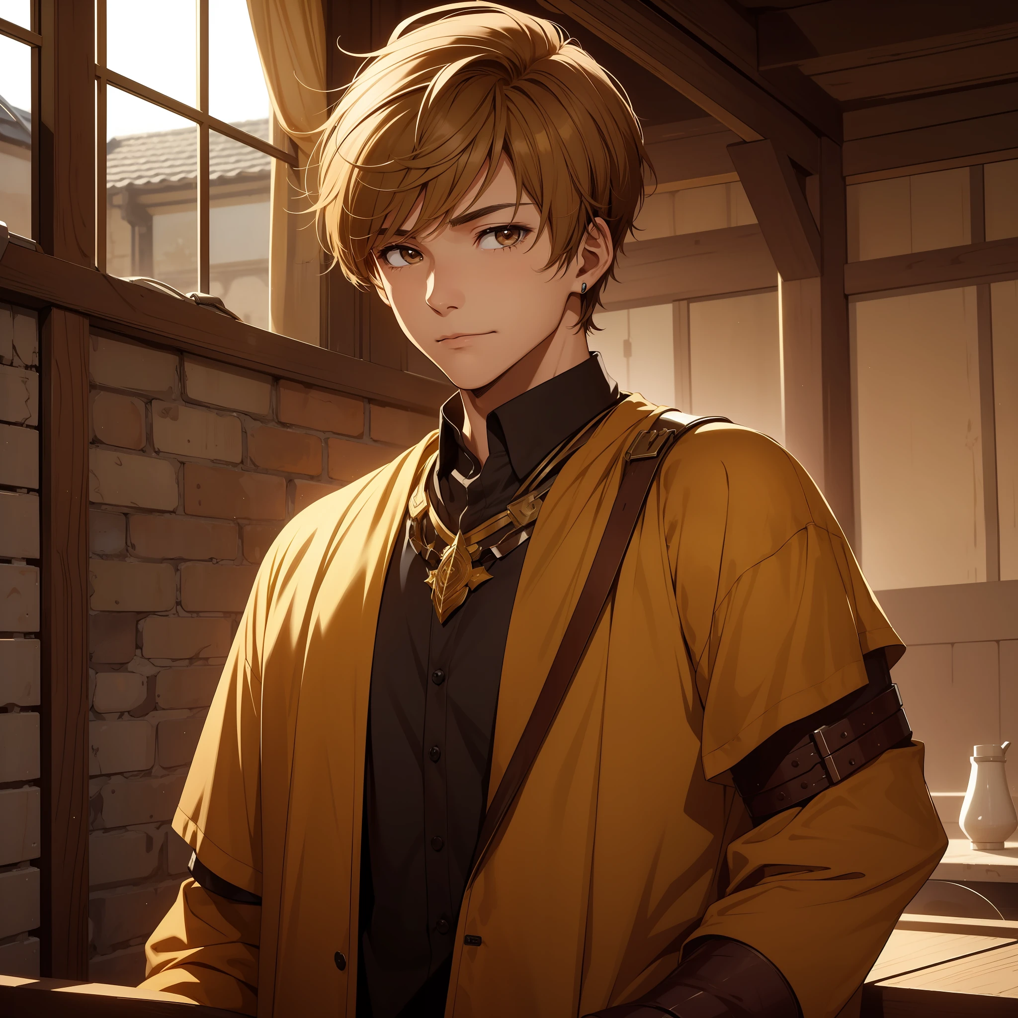 21-year-old boy, honey-colored short hair, brown eyes, silver robotic armor with heroic and knightly appearance, depressive countenance