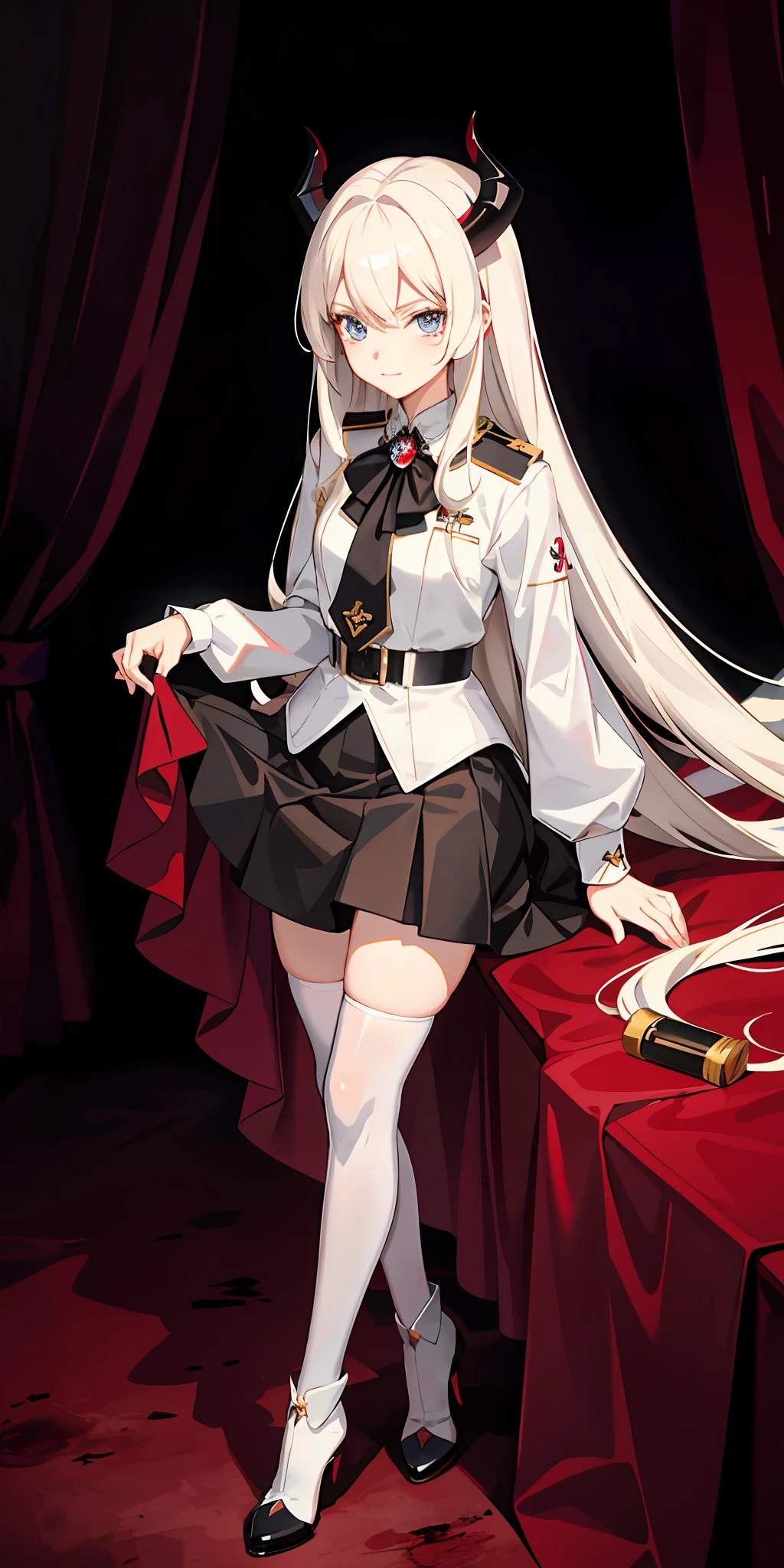 Anime characters wearing uniforms and caps, demon anime girls, vampire girls, anime moe art style, detailed anime character art, white long hair, white shirt, black silk, high heeled boots, black short skirt ,city ,giantess ,wine cups ,blood