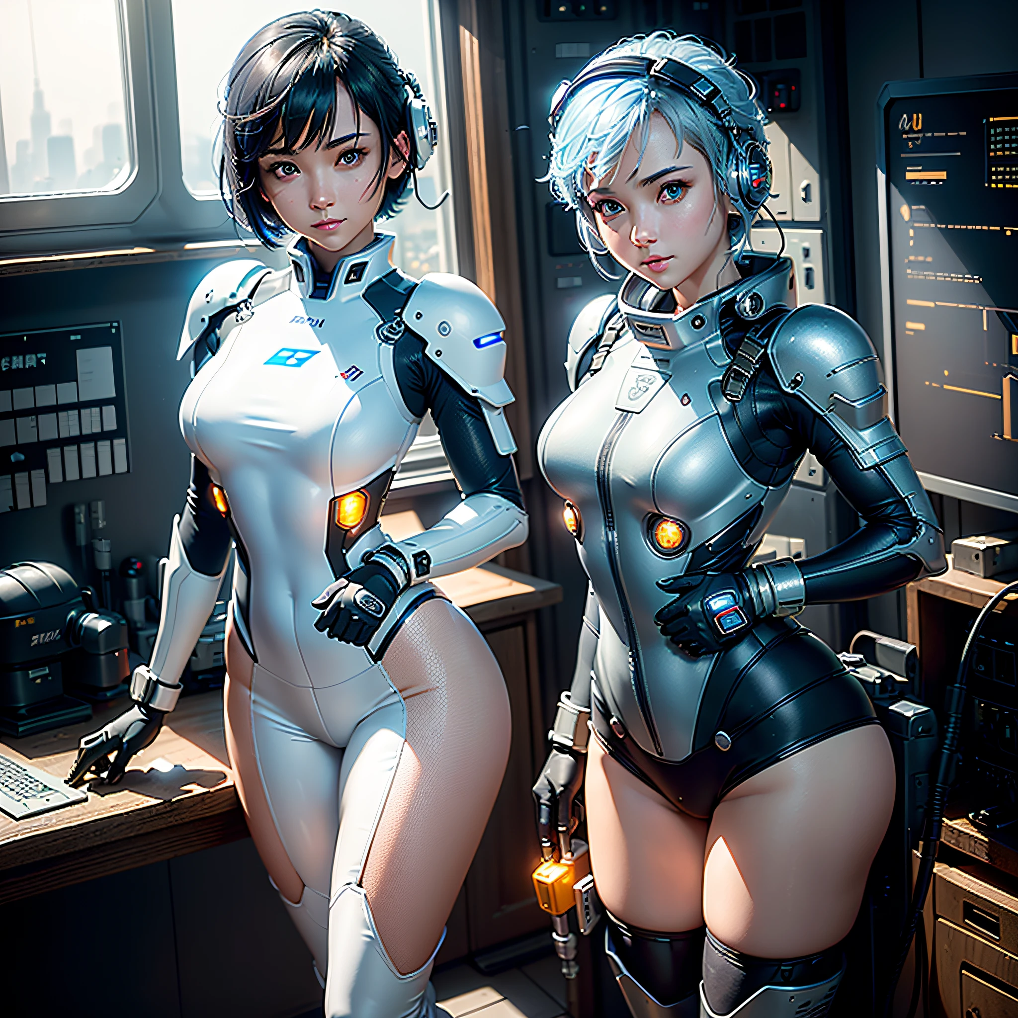 (Masterpiece, Best Quality, Best Resolution, Very Elaborate CG, Cinematic Lighting, Ray Tracing, Drop Shadows, Detail Detail, (Photorealistic), High Quality Textures, Realistic Look, Very Detailed, Sharp, High Quality, Leading Edge, Beautiful Rendering, Dramatic Pose, Detailed Shading): (Solo, Girl Alone, Japan face, short blue hair, cute girl face, short, small size breasts, sparkly blue eyes, eye level shots, pilot suit in white and blue color, tight-fitting clothes, clothes covering the whole body, light grin smile, beautiful, slim body, exoskeleton, heroine, headset, long boots, gloves, airplane control panel, tools, radar display, Touch panel, various indicators, levers, computer keyboard, mouse, warning light, fuel gauge, pressure gauge, base outside the window, control stick, thick manual, wireless communication device)