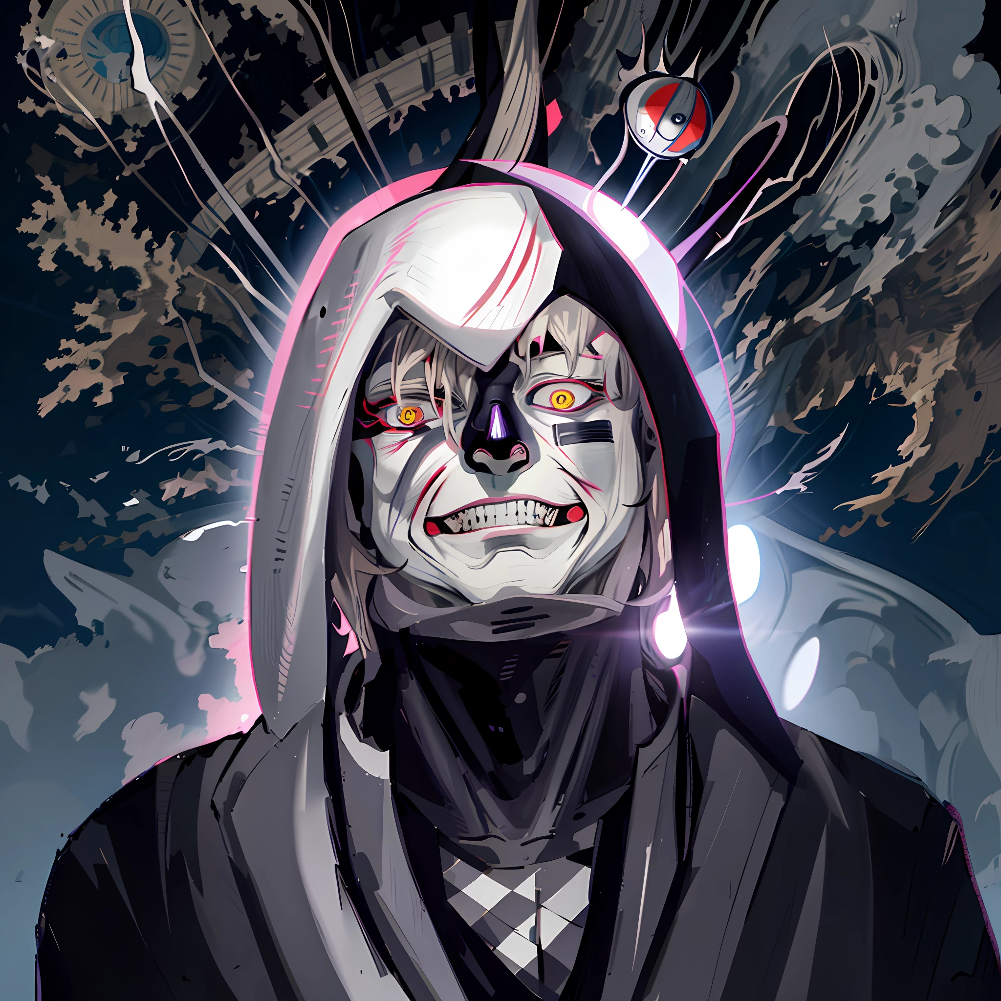 anime character with hoodie and eyes looking up, kabuto, joker looks like naruto, highley detailled face, 2 d anime style, joker as naruto, clean cel shaded, he has dark grey hairs, trigger anime artstyle, roguish smirk, 8k!!, a silver haired mad, kakashi hatake, menacing pose