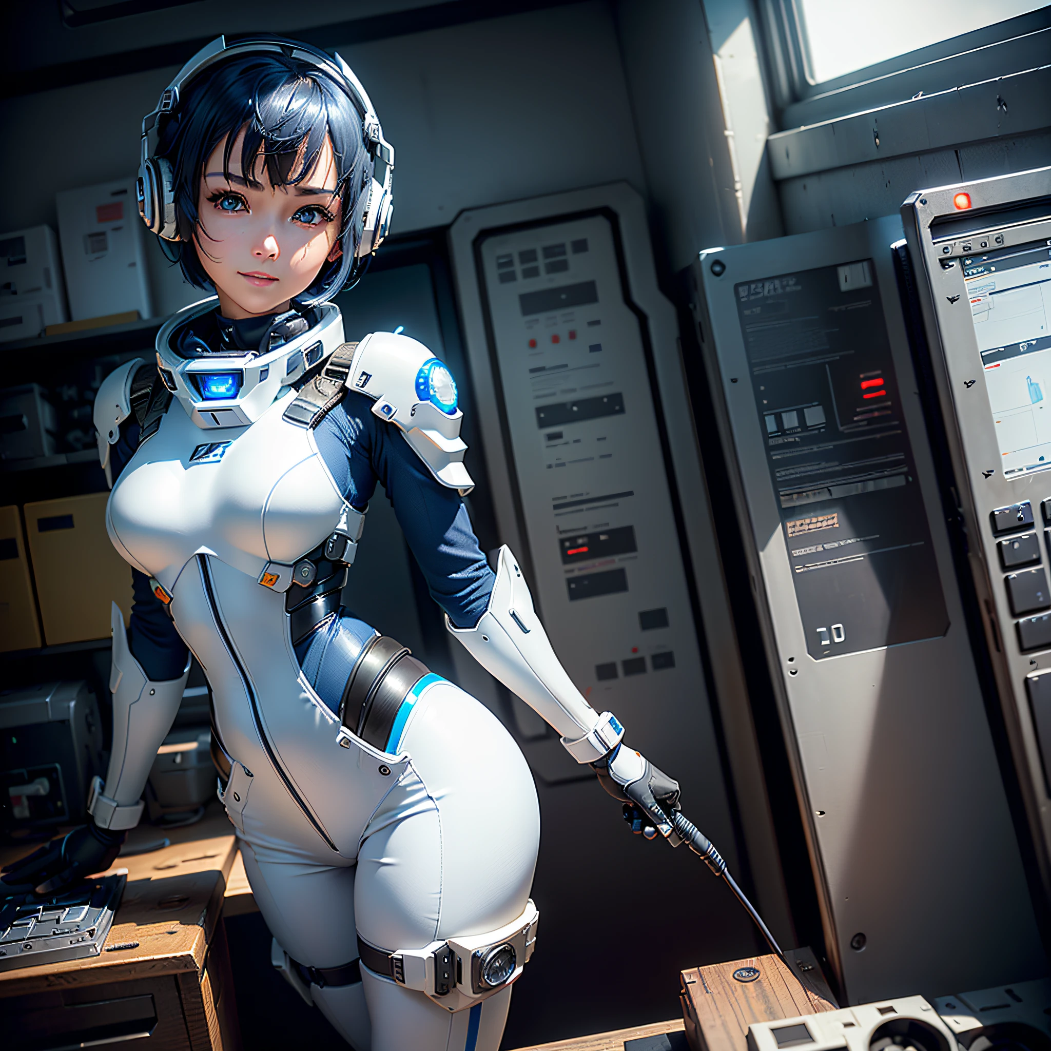 (Masterpiece, Best Quality, Best Resolution, Very Elaborate CG, Cinematic Lighting, Ray Tracing, Drop Shadows, Detail Detail, (Photorealistic), High Quality Textures, Realistic Look, Very Detailed, Sharp, High Quality, Leading Edge, Beautiful Rendering, Dramatic Pose, Detailed Shading): (Solo, Girl Alone, Japan face, short blue hair, cute girl face, short, small size breasts, sparkly blue eyes, eye level shots, pilot suit in white and blue color, tight-fitting clothes, clothes covering the whole body, light grin smile, beautiful, slim body, exoskeleton, heroine, headset, long boots, gloves, airplane control panel, tools, radar display, Touch panel, various indicators, levers, computer keyboard, mouse, warning light, fuel gauge, pressure gauge, base outside the window, control stick, thick manual, wireless communication device)