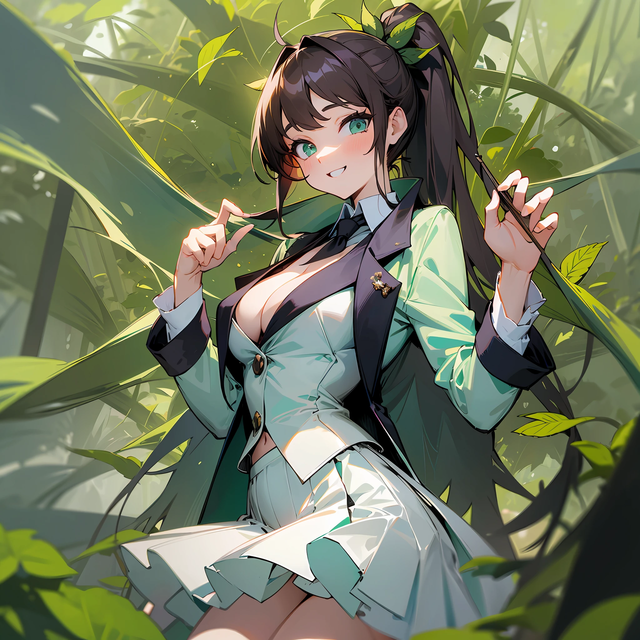 1girl, ((adult)). long glossy hair, dark brown hair, ponytail, white short skirt, milky skin, white leggings with black vines, unbuttoned tailcoat, ((black-vine design on tailcoat/suit)), mint hair-tie, shorts beneath skirt, wet white shirt, (mint green cloak), pantie shot, upskirt, confident pose, flirty pose, huge grin, cleavage, flat chest, tiny breasts, beautiful forest background, perky, super upbeat, very short skirt, flashing mint panties, skirt raised --auto --s2