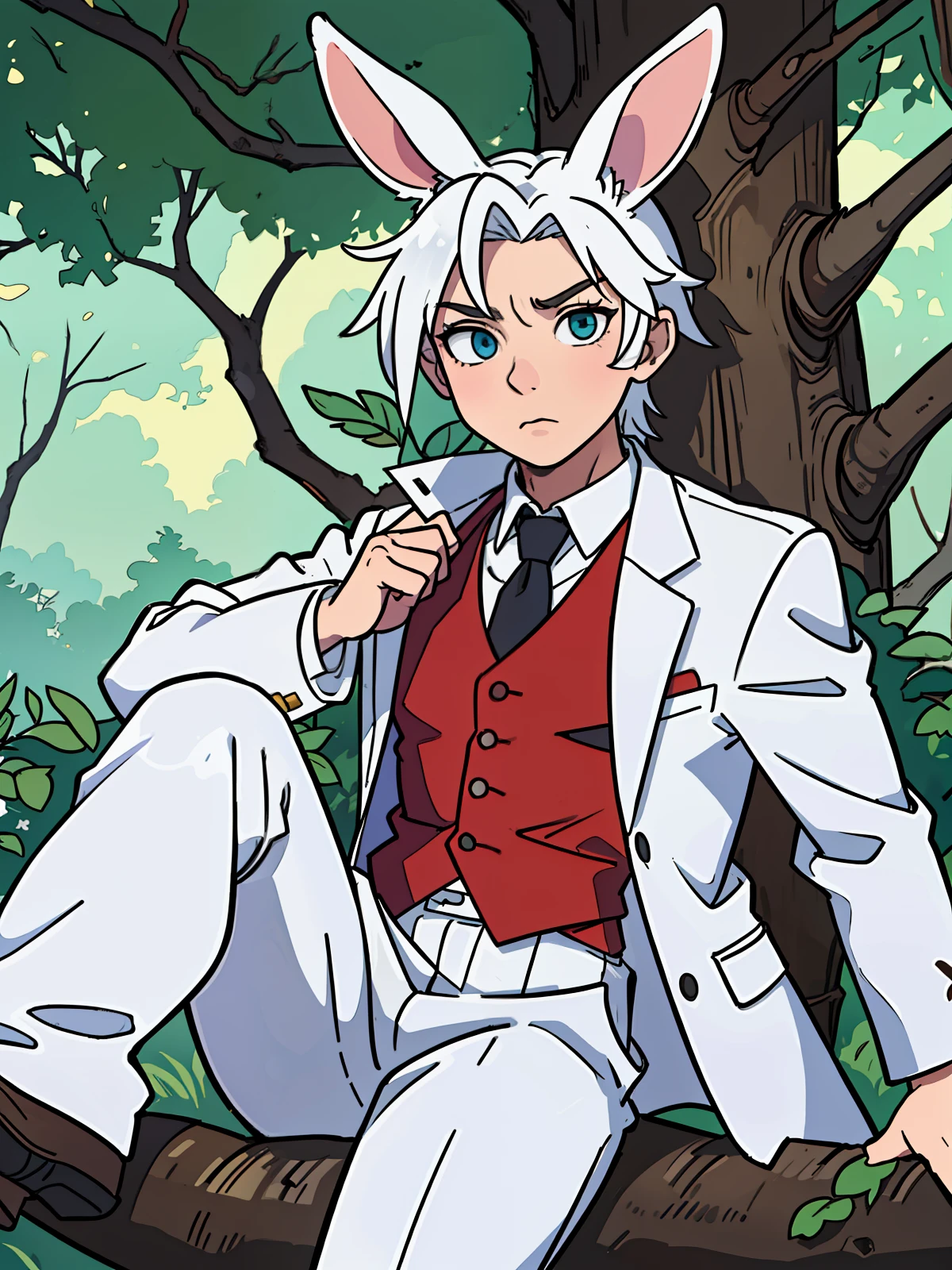 On the narrowest and shaded path in the Enchanted Forest, anime character sitting on a tree branch with rabbit ear pair, a character portrait inspired by Edward Elric, wearing white suit, with a red tie, with a pair of rabbit ears, serious expression, short fuse, sitting on a branch of a large tree, white hair, anatomically correct, high details, super detail, ccurate, masterpiece, high details, high quality, high details, super detail, textured skin, anatomically correct, 4K, 8k, 16k, high quality, high details, super detail, textured skin, anatomically correct, masterpiece, UHD, best quality
