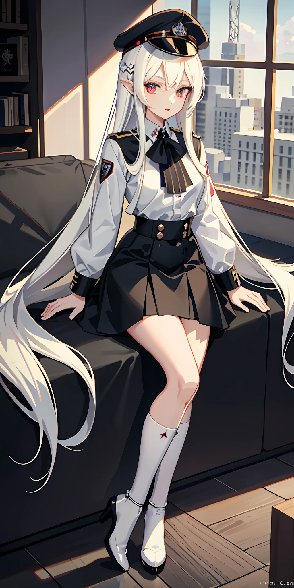 Anime characters wearing uniforms and caps, demon anime girls, vampire girls, anime moe art style, detailed anime character art, white long hair, white shirt, black silk, high heeled boots, black short skirt ,city ,wine cups,caps