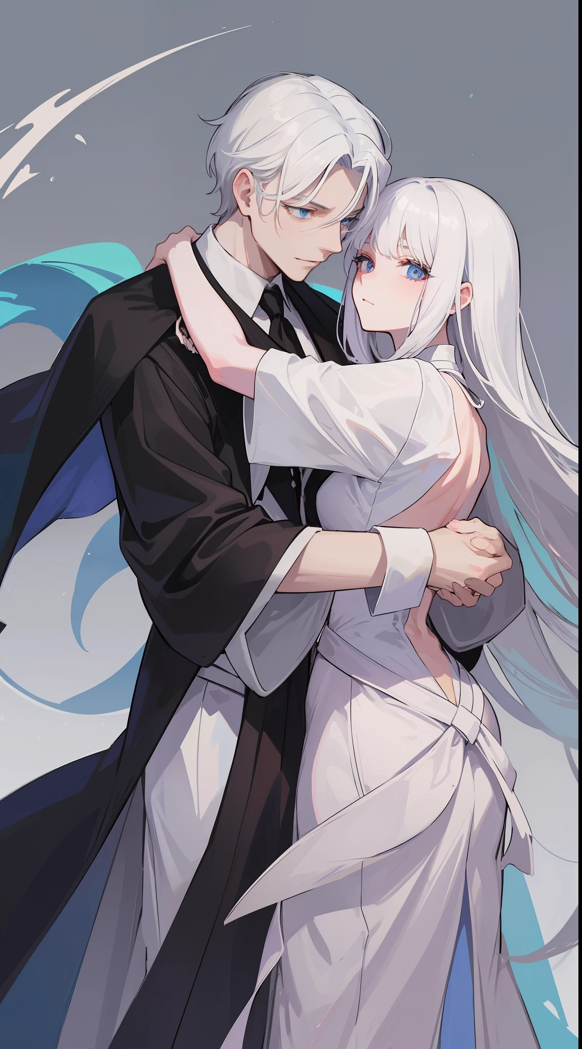 1man, sharp blue eyes with sharp pupils, white sharp hair and he was wearing black robes and, intimate hug with his lovely wife ((41 year old face))