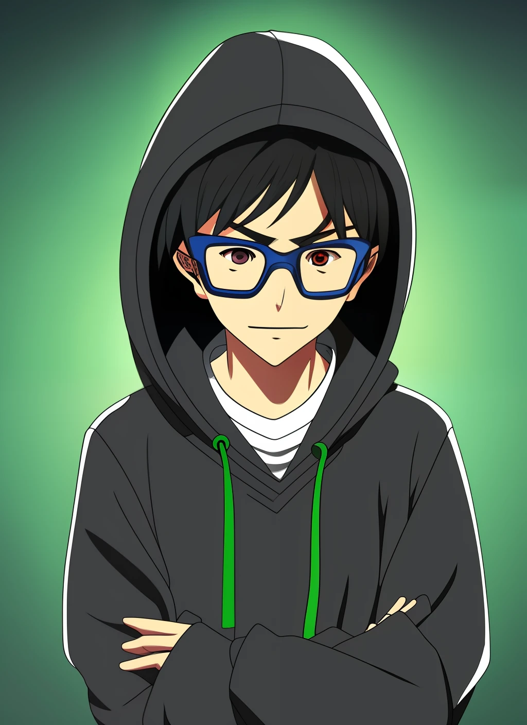 Teenage boy wearing glasses and sweatshirt, hooded, inside room, anime-style kimetsu no yaba, dark background with green lights, 8k, uhd, severe low lighting, high quality, sharp focus, fujifilm XT3 --auto --s2