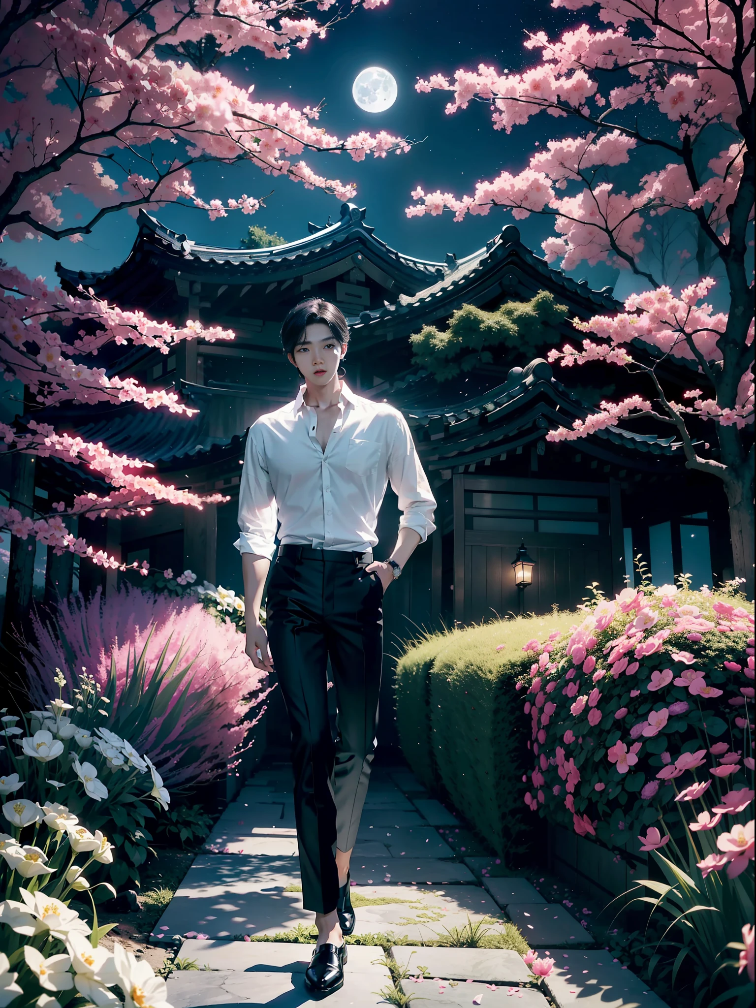 vivid illumination, enchanting elegance, atmospheric depth, masterful technique, naturalistic representations, harmonious composition, creative refinement, striking juxtapositions, 1man,solo,male, (korean idol face, sharp eyeline),(loose white shirt with black pants), moon, dark theme, Patience, garden, blossoms,