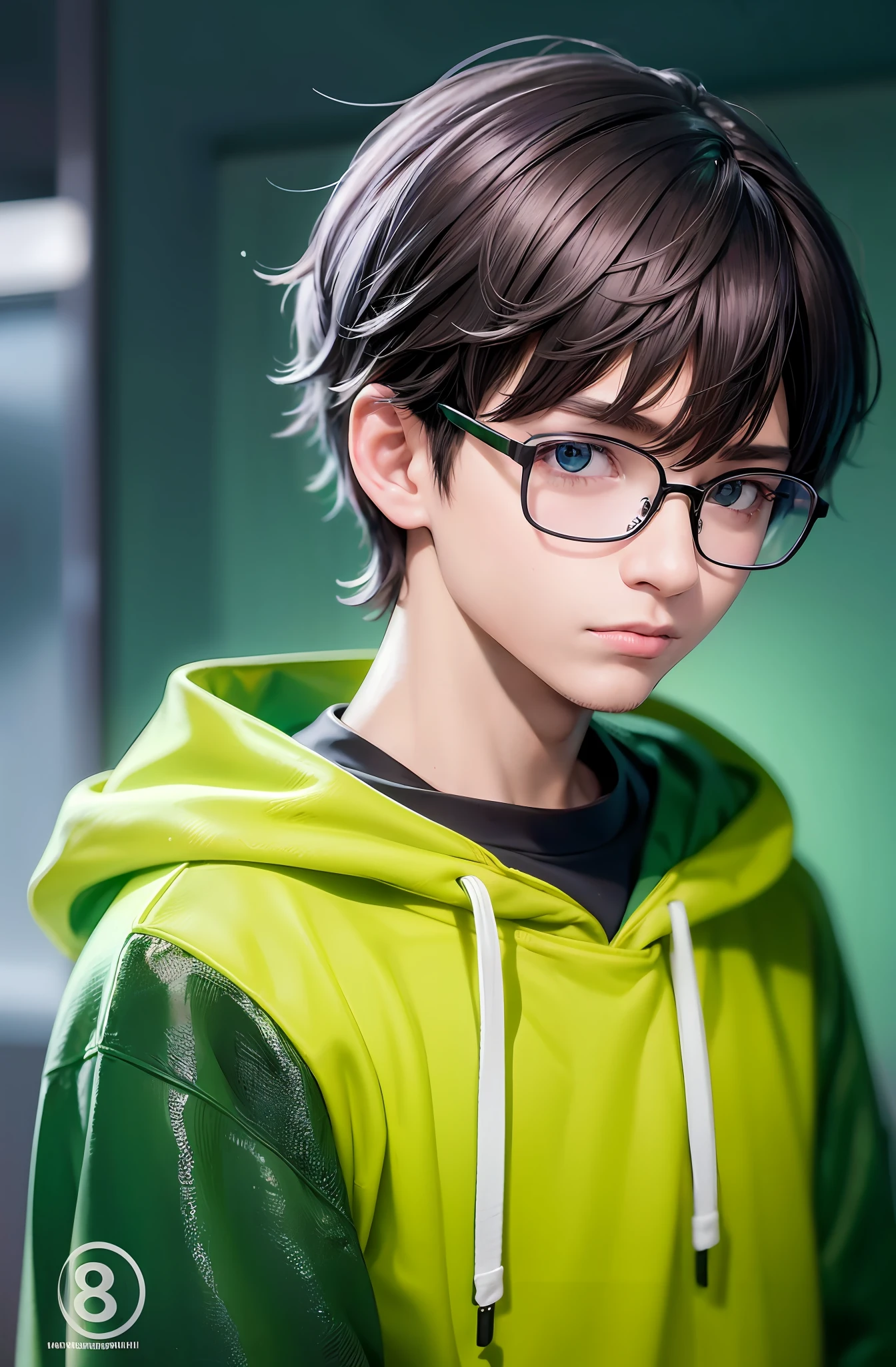 character, teenage boy wearing glasses and sweatshirt, with dark and short hair, inside the room, lighting details, anime-style with defined strokes, dark background with green lights, 8k, uhd, severe low lighting, high quality, sharp focus, fujifilm XT3 - --auto --s2