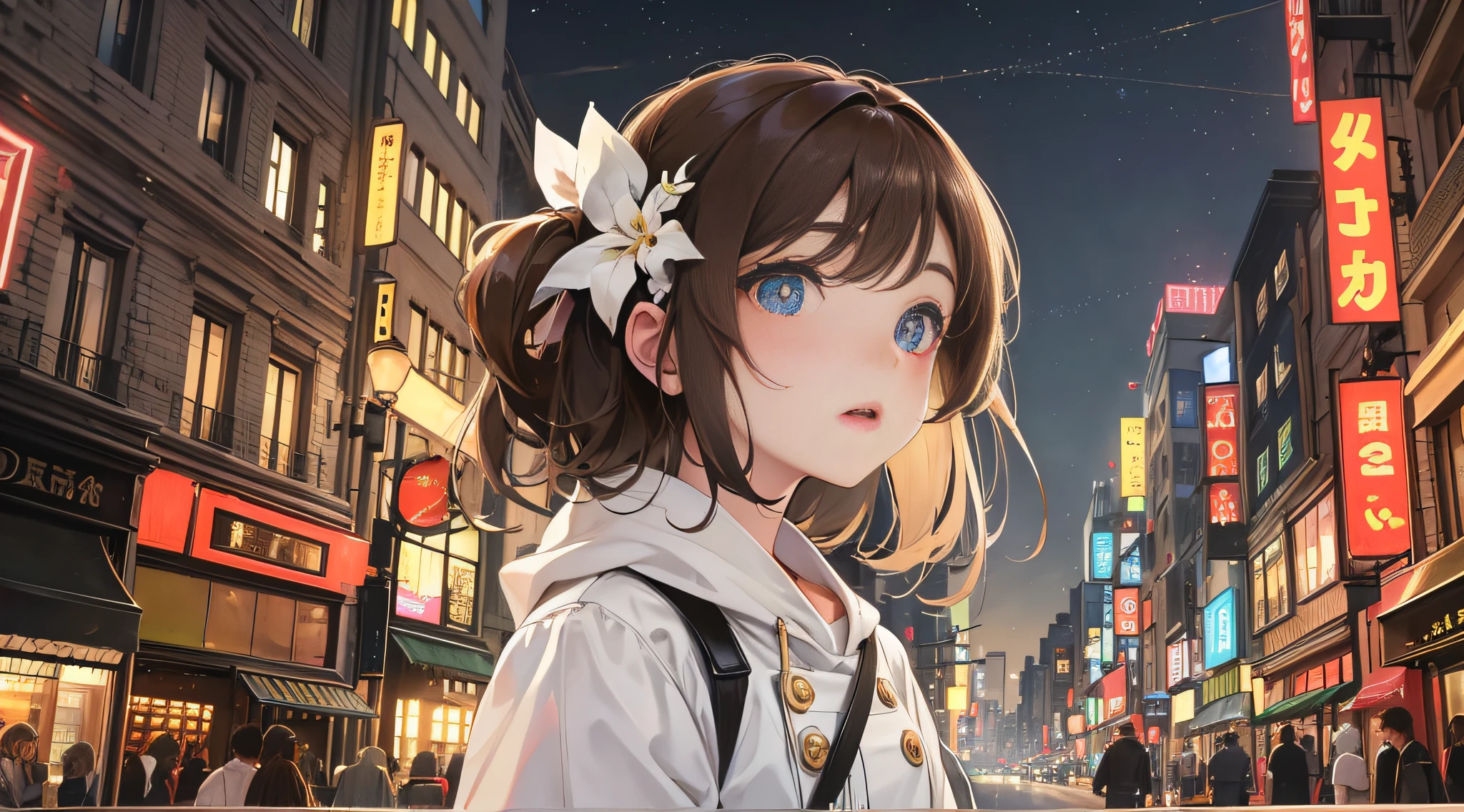 1girl, city street, brown hair, masterpiece, panorama, petite cute, delicate, city building lights, white clothes, heterochromic pupils