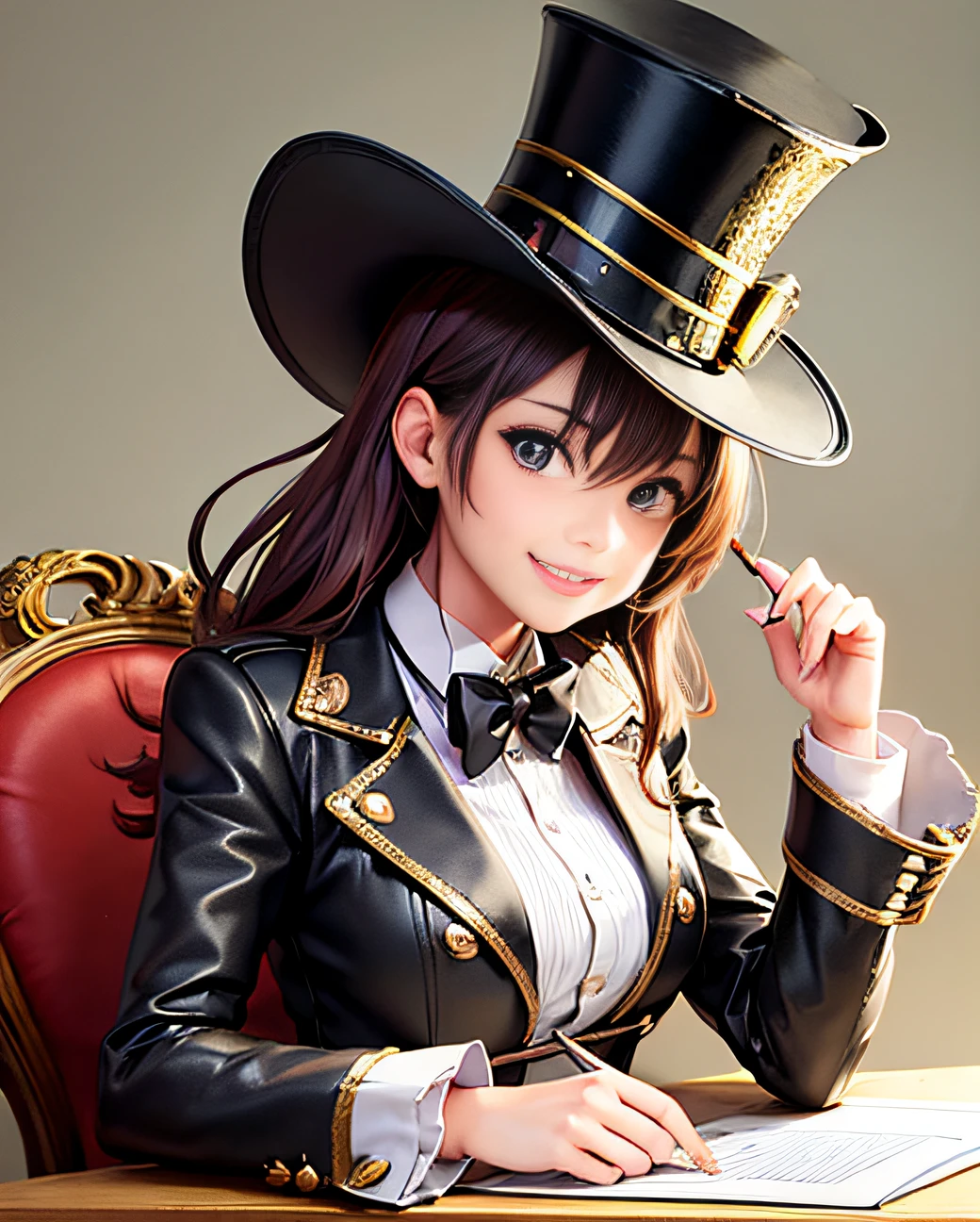 a girl in a strict steampunk suit sits at a table with a top hat and looks at the camera, majestic, low angle, sketch, stern expression, wide smile gold, copper, interesting details, teeth --auto --s2