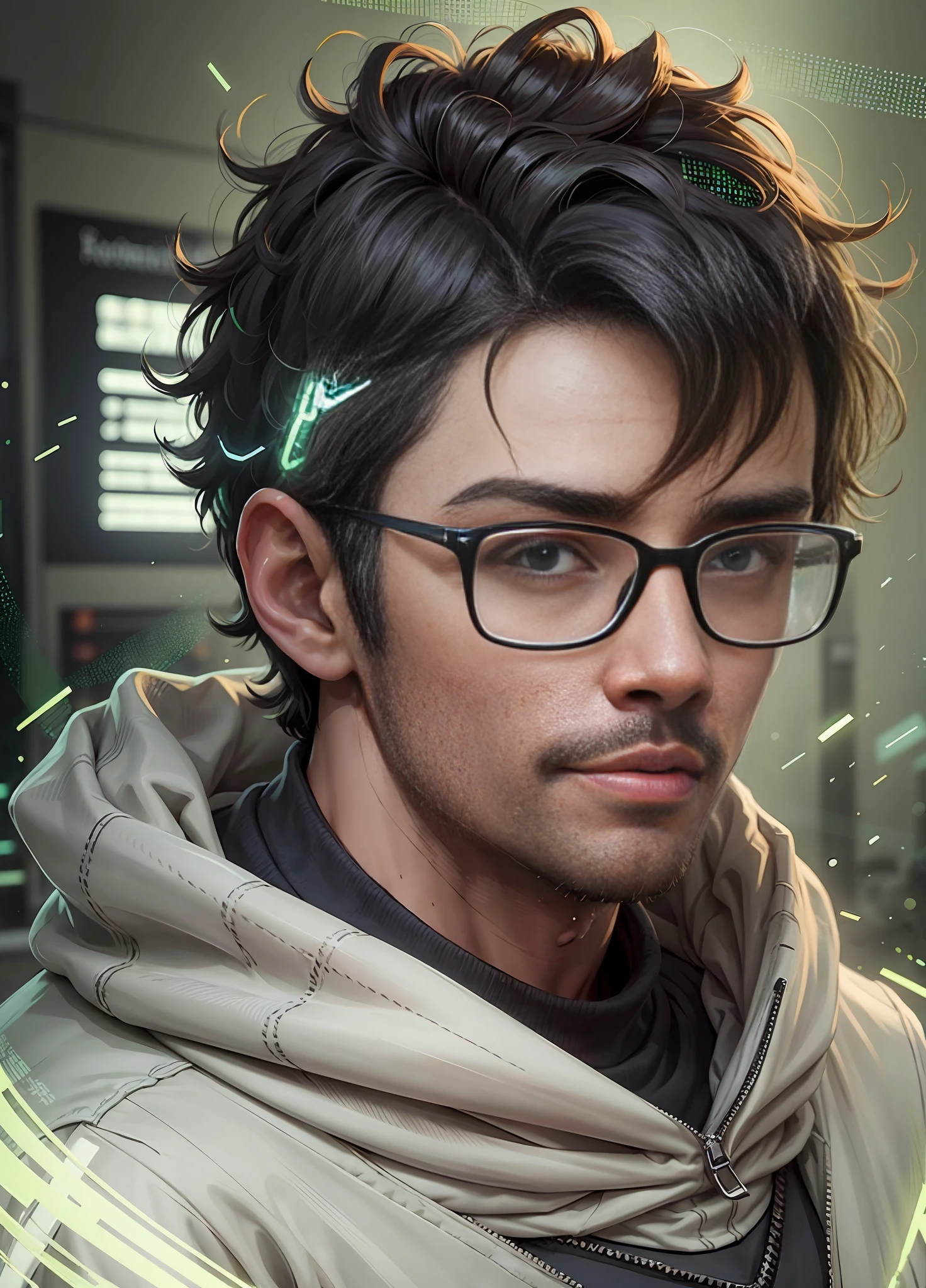 character, a skinny young man wearing glasses and sweatshirt, with dark hair, short hair, lighting details, anime-style with defined strokes, dark background with green lights, 8k, uhd, severe low lighting, high quality, sharp focus, fujifilm XT3 --auto --s2