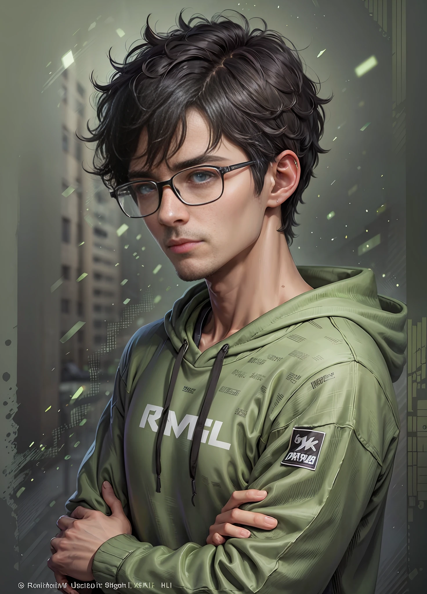 character, a skinny young man wearing glasses and sweatshirt, with dark hair, short hair, lighting details, anime-style with defined strokes, dark background with green lights, 8k, uhd, severe low lighting, high quality, sharp focus, fujifilm XT3 --auto --s2