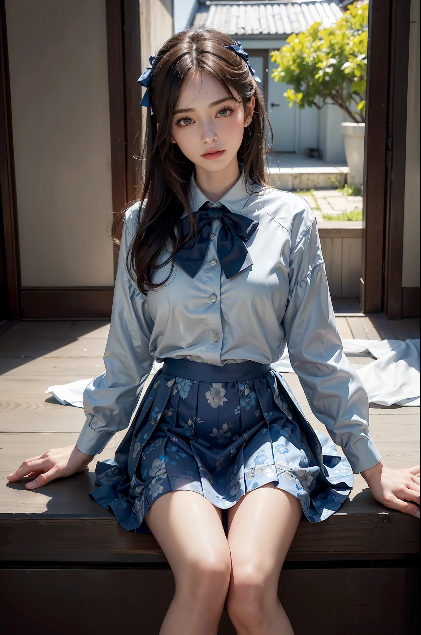 (Photoreal: 1.4), (Hyperrealistic: 1.4), (Realistic: 1.3), (Smooth Lighting: 1.05), (Improved Cinematic Lighting: 0.9), 32K, One Japan woman with a faint smile, realistic lighting, backlight, face lights, ray tracking, (Bright light: 1.2), (Quality improvement: 1.4), ( Top quality realistic textured skin: 1.4), fine detailed eyes, detailed face, fine quality eyes, dark brown eyes, (tired, sleepy and satisfied: 0.0), pale lighting, blue floral blouse, bow tie, blue floral skirt, silk white ankle socks with ruffled lace, white background
